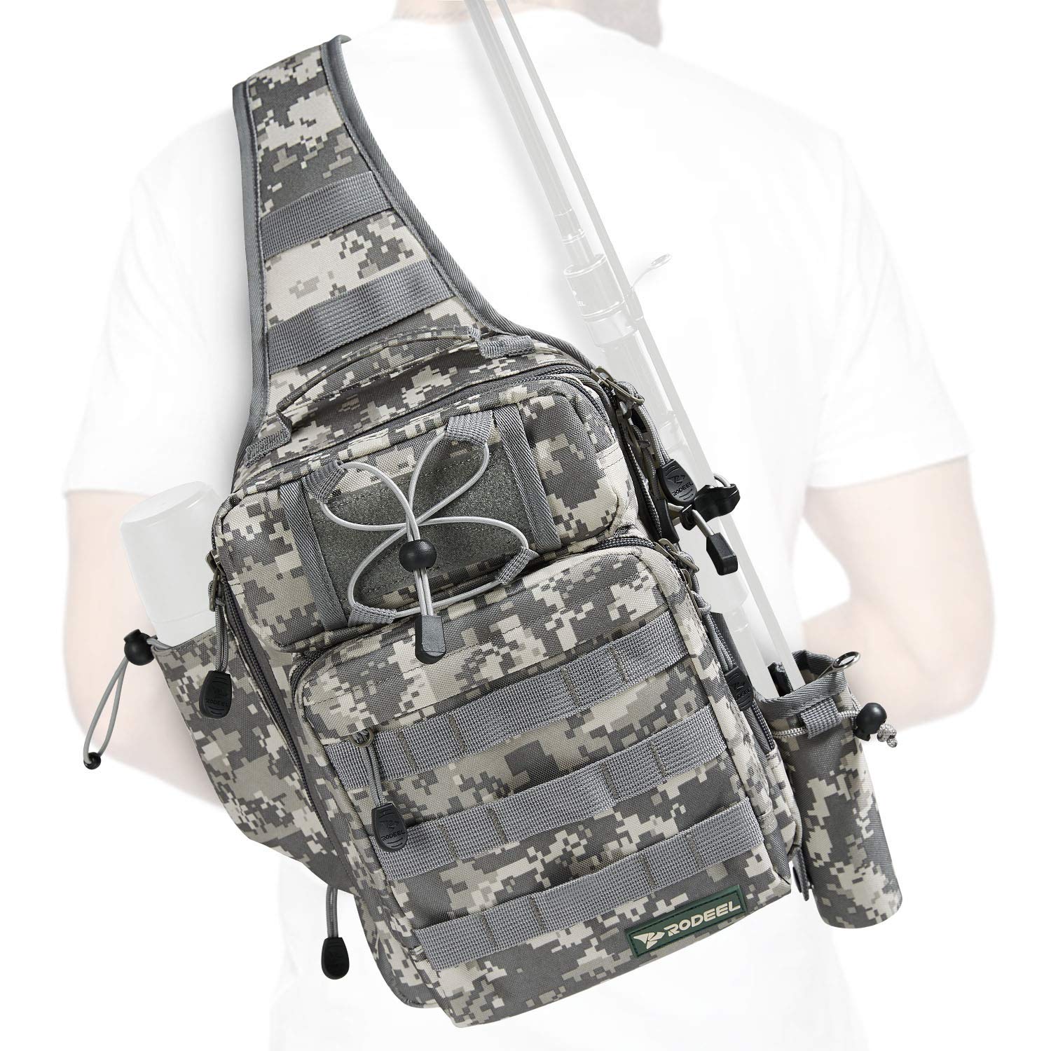 Rodeel Fishing Tackle Sling Shlouder Backpack with Fishing Rod Holder, Lure Bag, Water Resistant & Weatherproof, Large Storage, for Fly Fishing, Outdoor Sports, Camping and Hiking，ACU