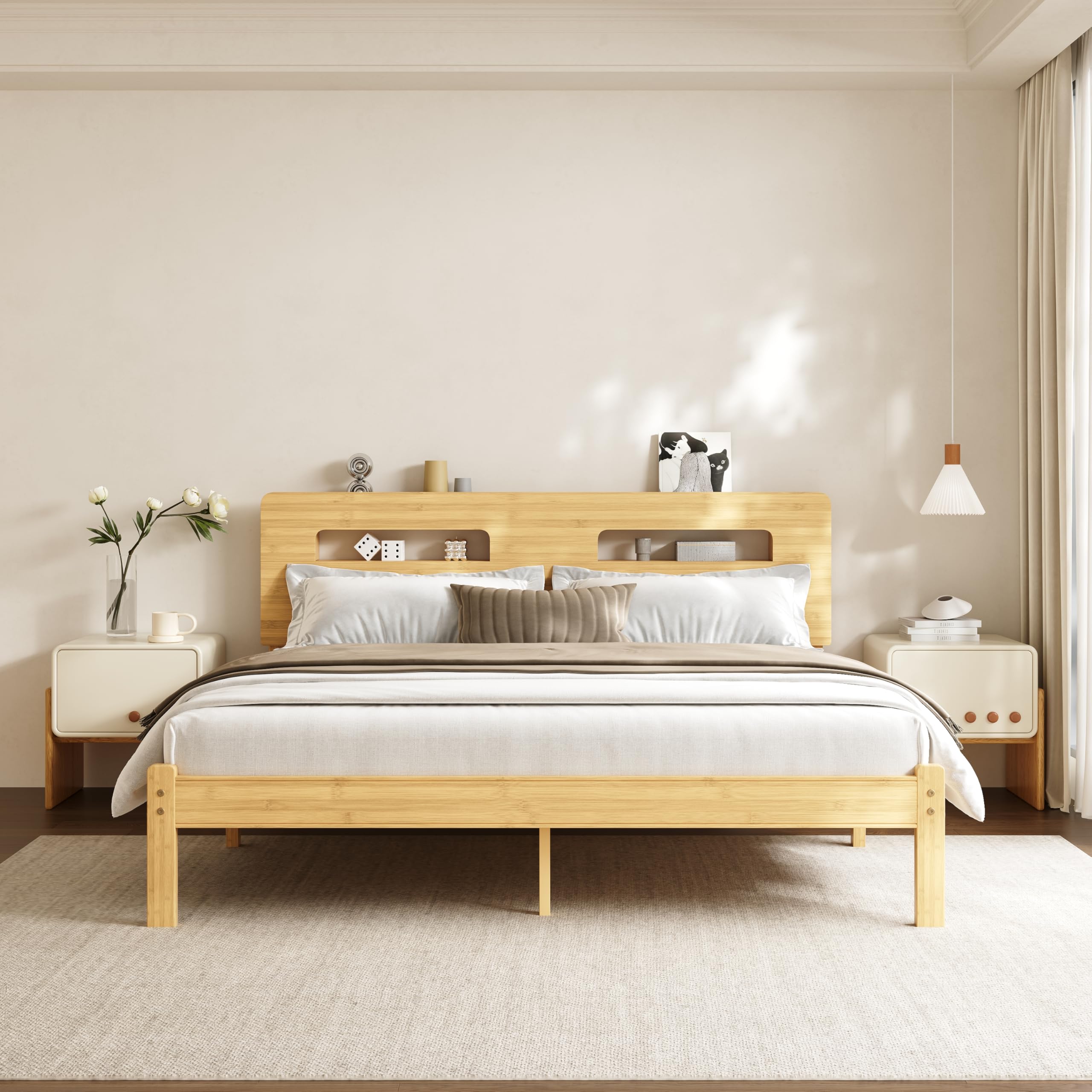 COMASACH Bamboo King Bed Frame with Storage Headboard