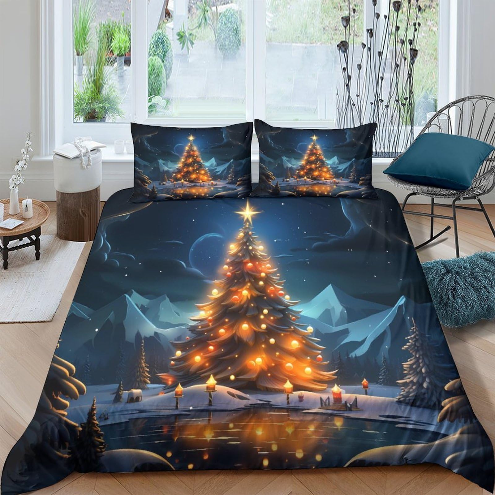 Ctjqhvkz Style-2 3D Printed Christmas Tree Fitted Sheet Microfiber Winter Night Bed Cover Bedroom Guest Room Decor Dustproof Washable Single（135X200cm）