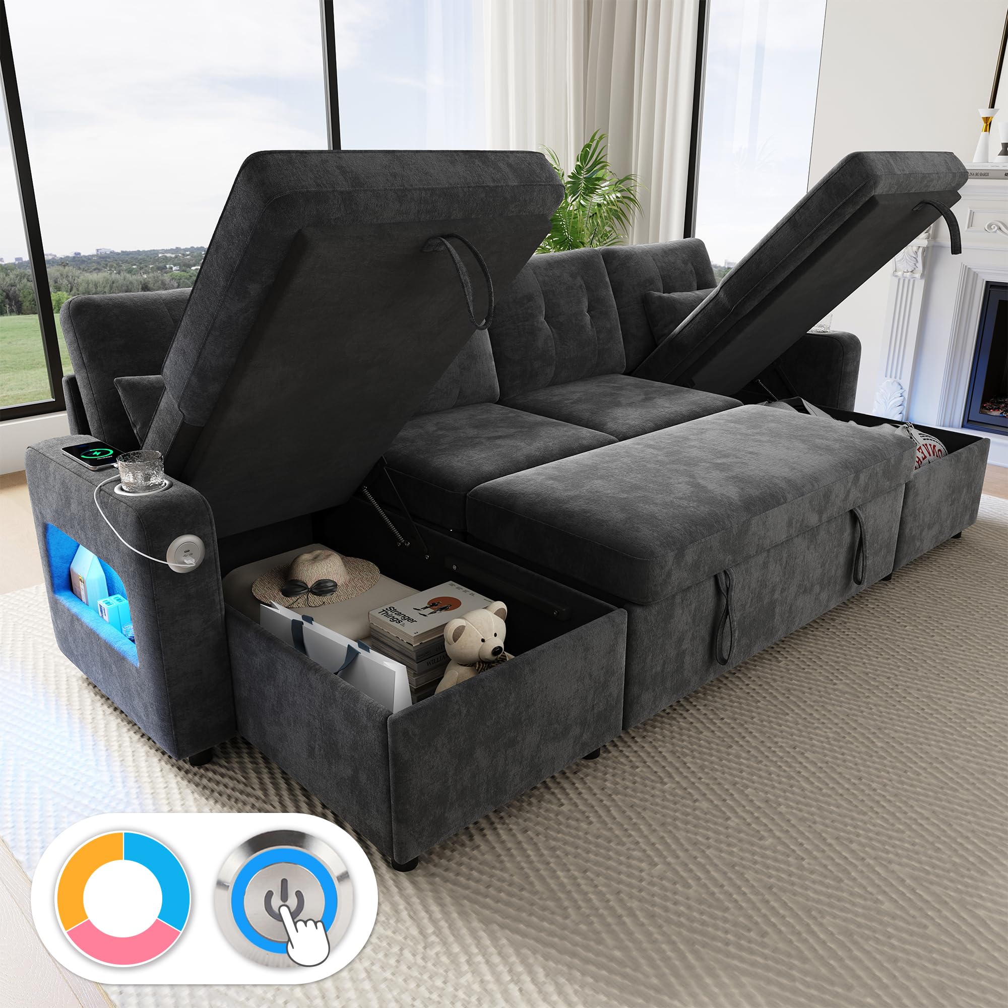 Sapgaks Canapé d'angle Convertible Moderne en U avec LED,Port de Chargement USB,Porte-gobelet,Poches latérales,Espace de Rangement,canapé lit,canapé Convertible 4 Places,Chenille (B-Gris)