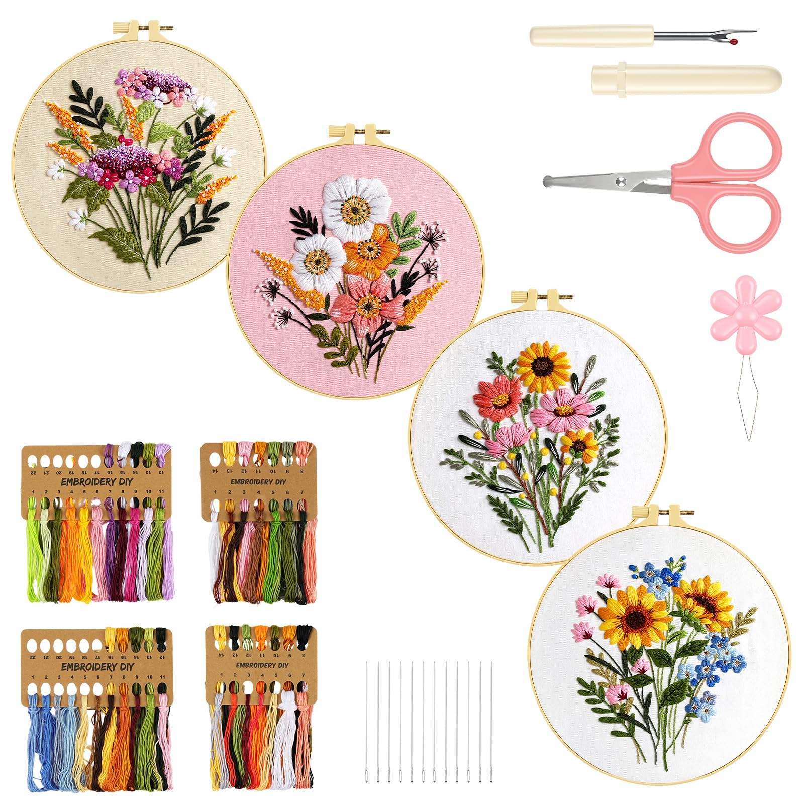 AUAUY 4PCS Flower Embroidery Kit, Tambour Stitch Kit for Craft Lovers