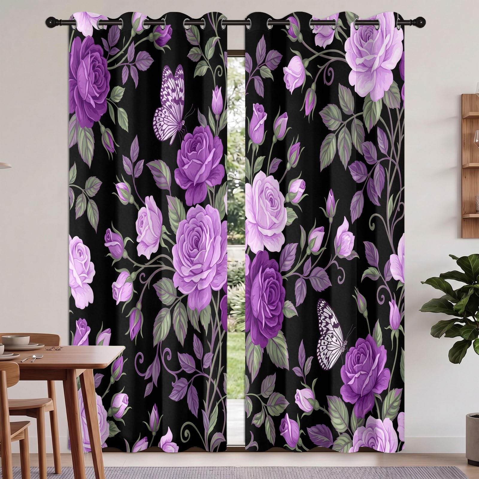 Zasłony zaciemniające w kwiaty zwierzę 91,5 L x 214H cm (2 panele), termoizolacyjne różowe i motylkowe mocowanie z oczkami do sypialni, czarno-fioletowy