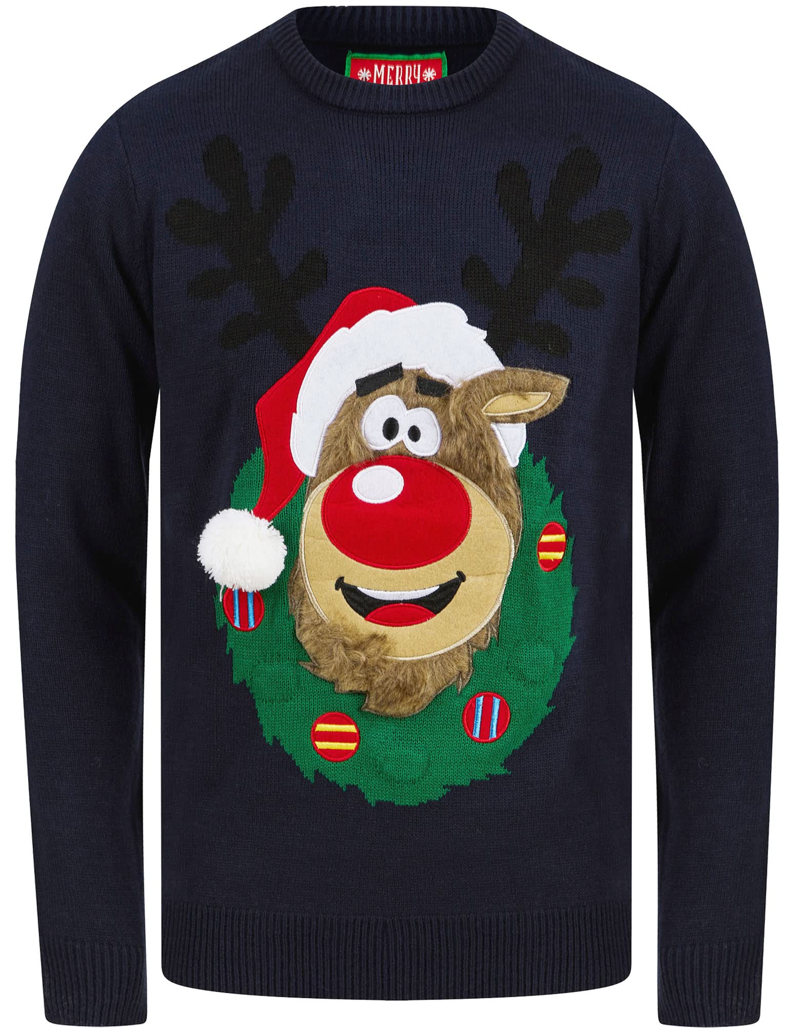 Tokyo Laundry Men's Reindeer Wreath - Ink Reindeer Wreath Motif Led Light Up Novelty Christmas Jumper In Ink – Merry Christmas - S