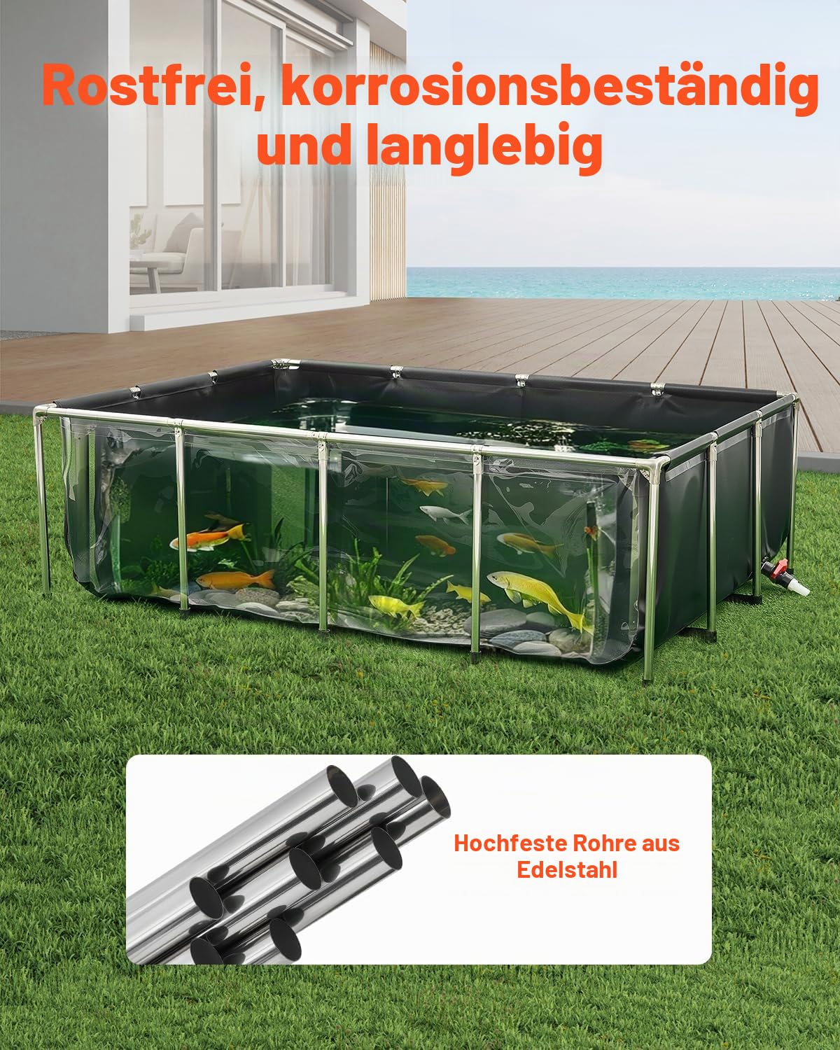 VEVOR Fischteich aus Segeltuch, 1781,3 L Fischtank, PVC-Koi-Tank mit transparentem Sichtfenster, Aquarium mit Edelstahlrahmen & Ablassventil, für Zucht von Koi, Goldfisch (schwarz)