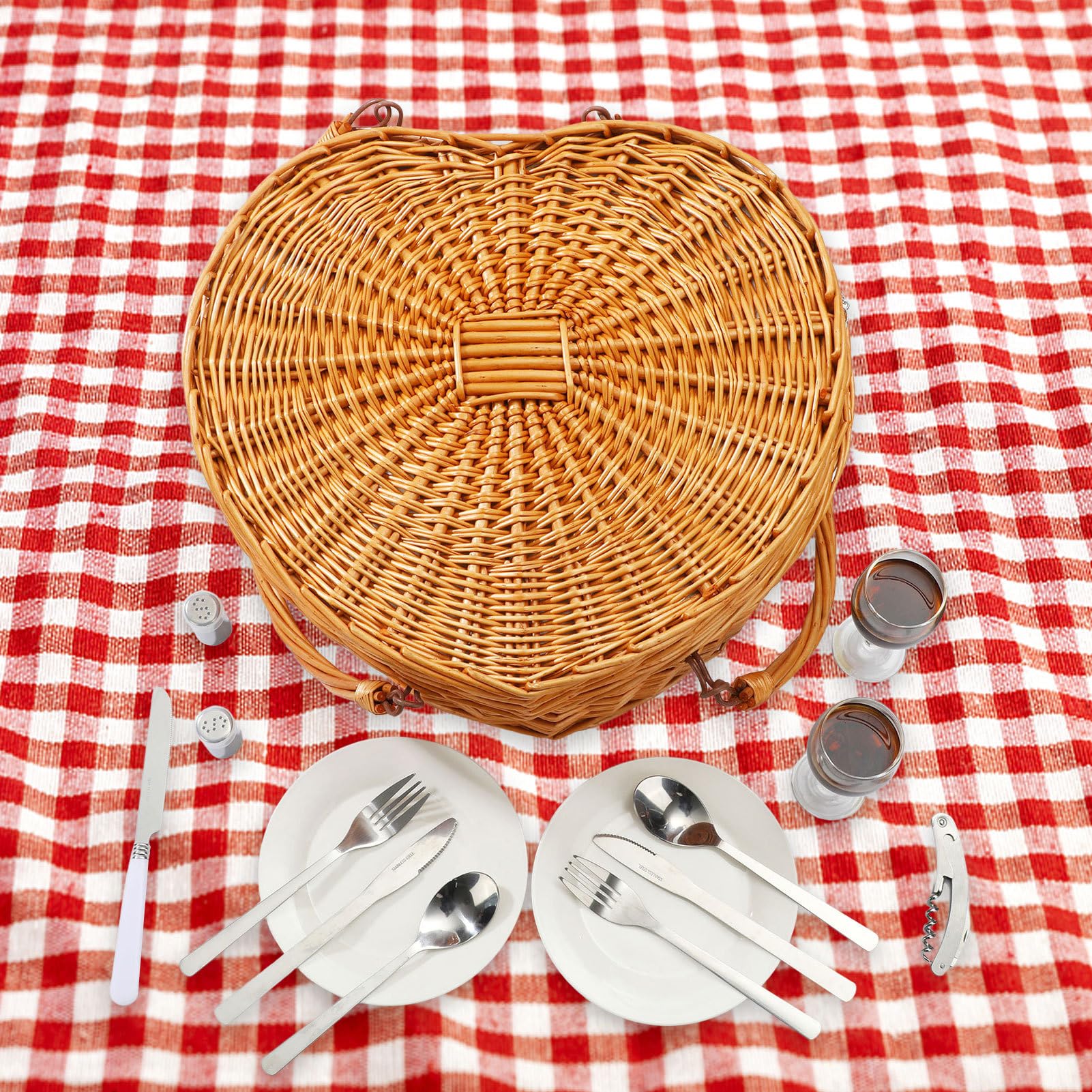 Canasta De Picnic Cesta Tejida En Forma Corazón Almacenamiento Sauce con | Manijas, Juego Vajillas, Revestimiento Tela Acampar, Boda, Comida Al Aire Libre, Día San Valentín, Navidad, Reunión Cumpleaño