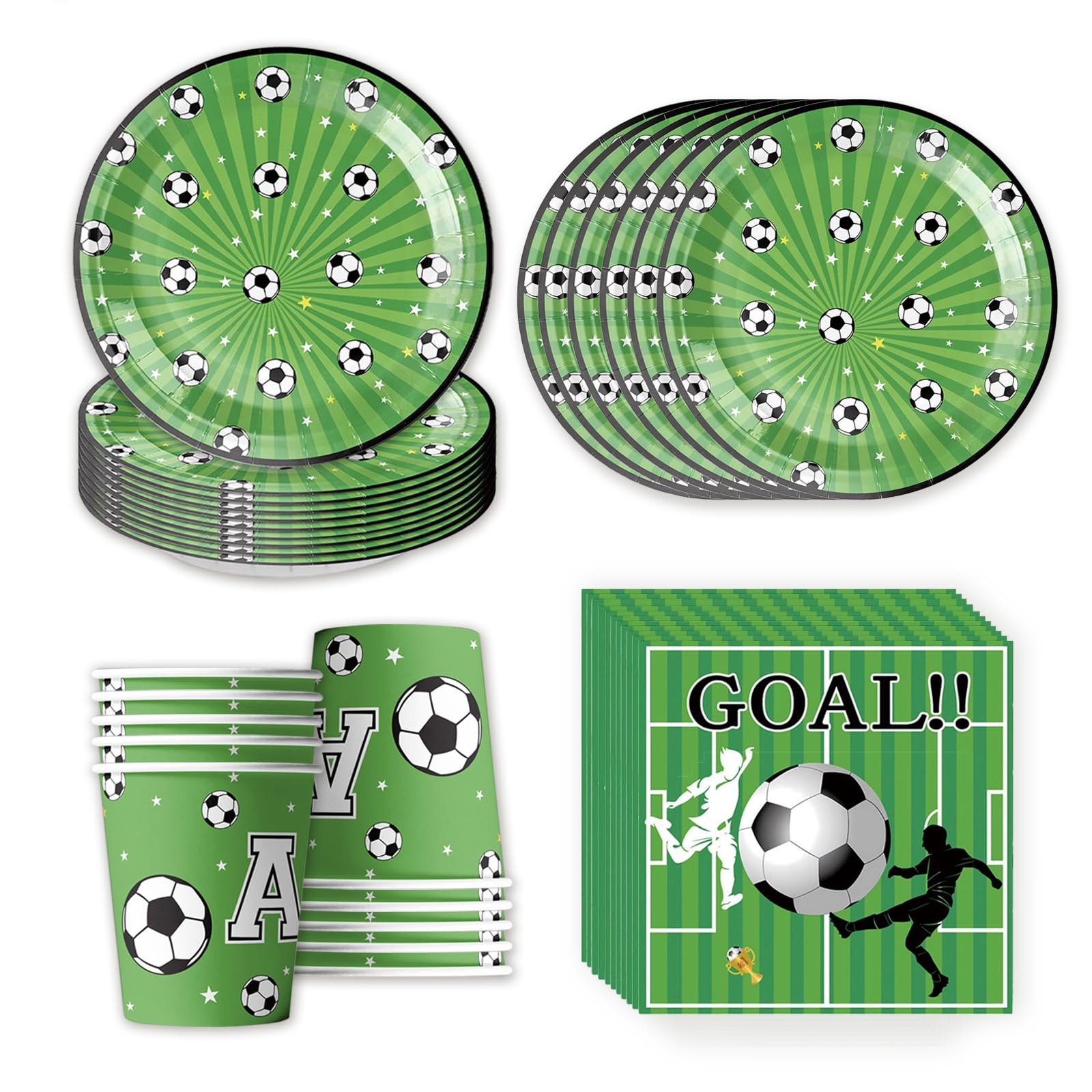 Eymobad Set da 50 pezzi di stoviglie per festa di calcio, piatti verdi calcio, piatti,bicchieri,tovaglioli di carta, stoviglie deco compleanno per ragazze e ragazzi