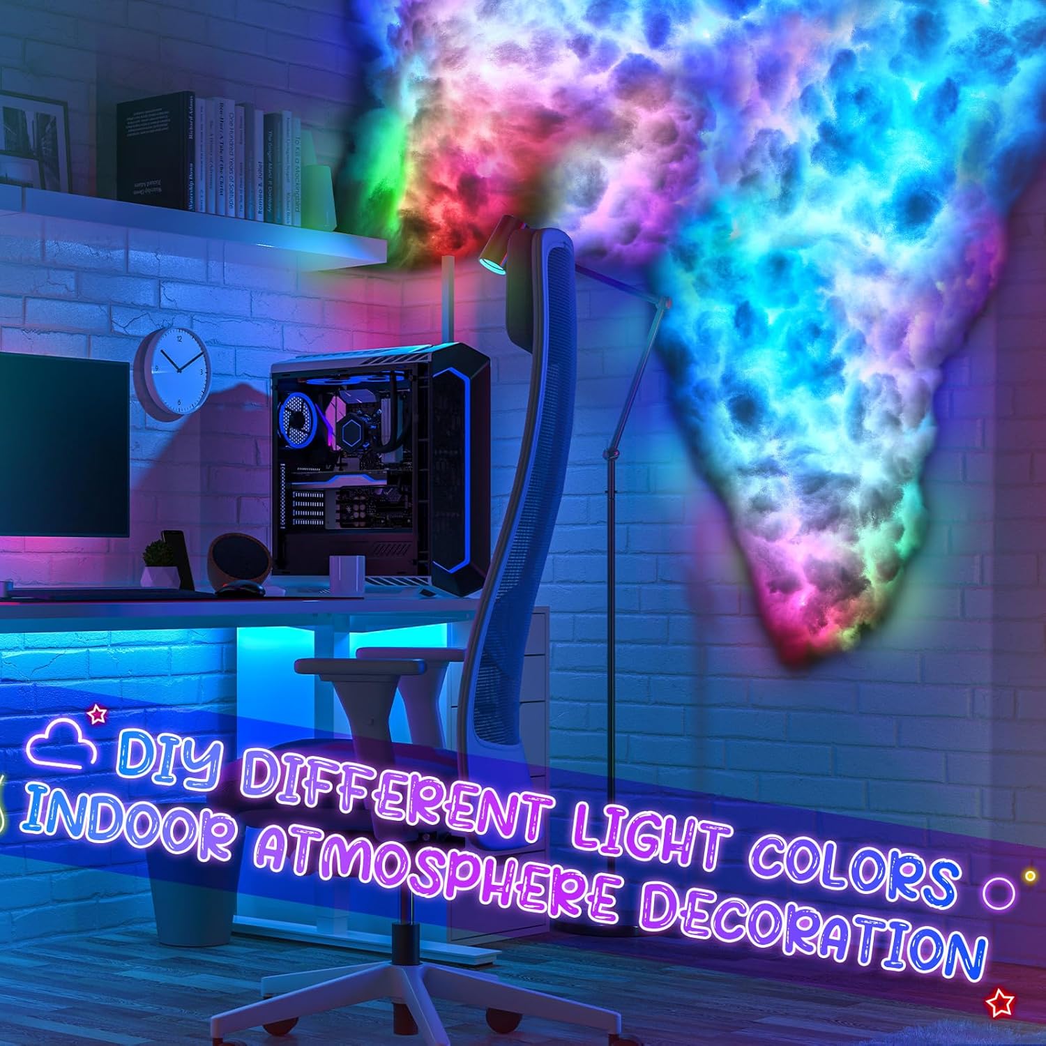 3D Thundercloud LED Light Kit Cotton Cloud Music Sync Multicolor Changing Strip Light Atmosphere DIY Creative Thunder Cloud Lamp Wall for Bedroom Ceiling Gaming Room Party(2 Pcs,16 Ft)