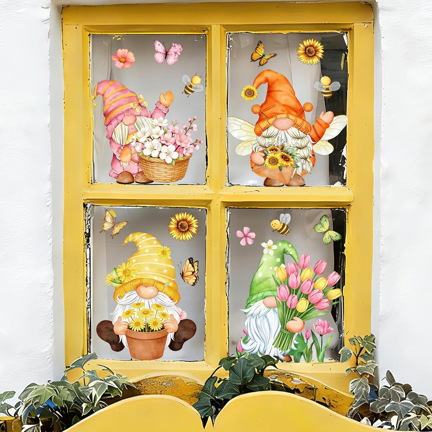 Spring Gnome Window Clings Stickers, Watercolor Floral Butterfly Garden Decals Peel and Stick Murals for Home Window Glass Spring Decor (Colorful Spring Gnome)