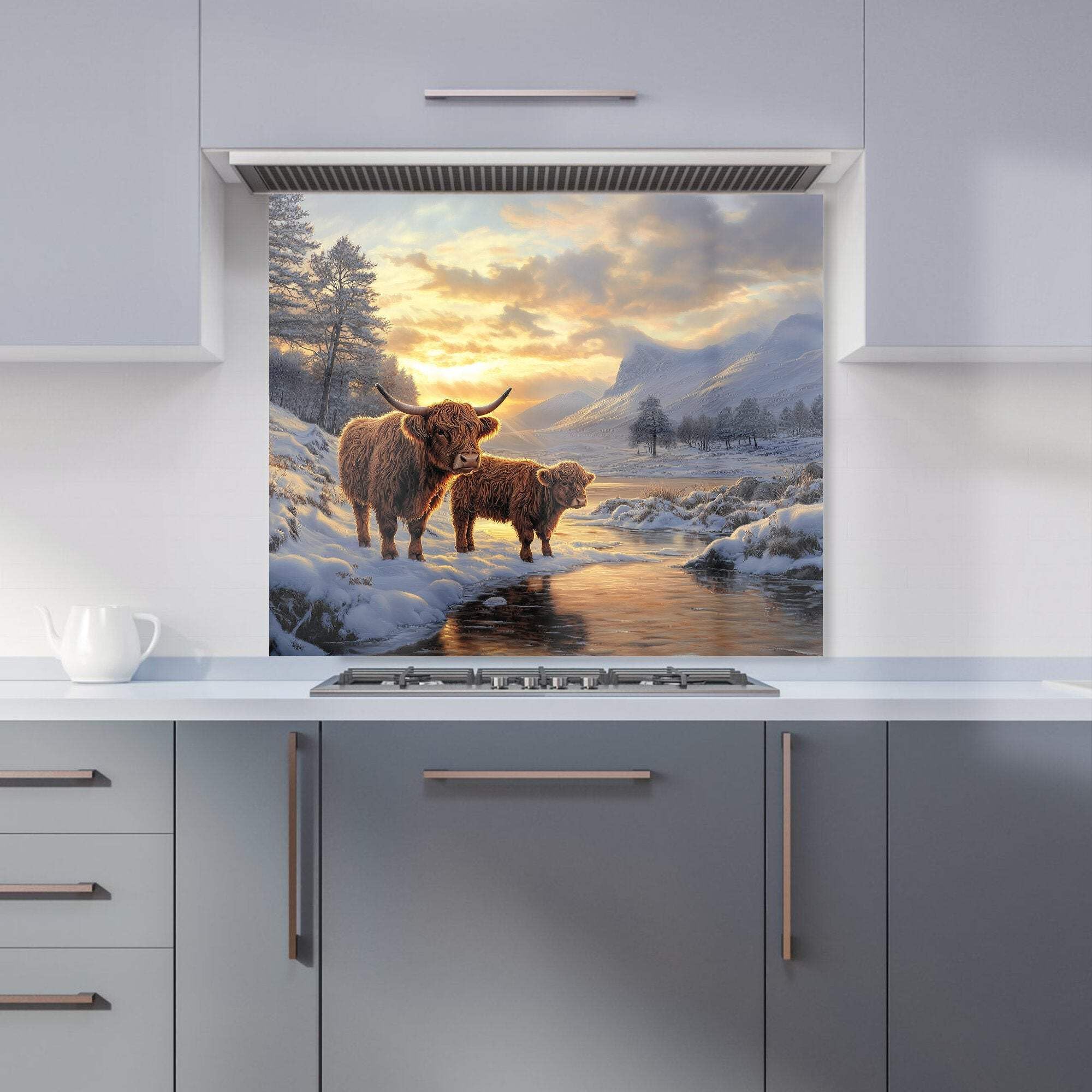 Warren Reed - Kitchen Splashback - Highland Cows By The Lake - 900mm x 750mm