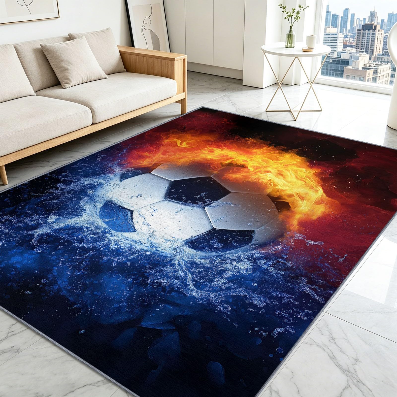 Fantasy Art - Alfombra antideslizante para sala de estar, 100 x 160 cm, alfombra de suelo, color negro y blanco, pelota de fútbol, lavable, pelo bajo, para sala de estar, dormitorio, comedor