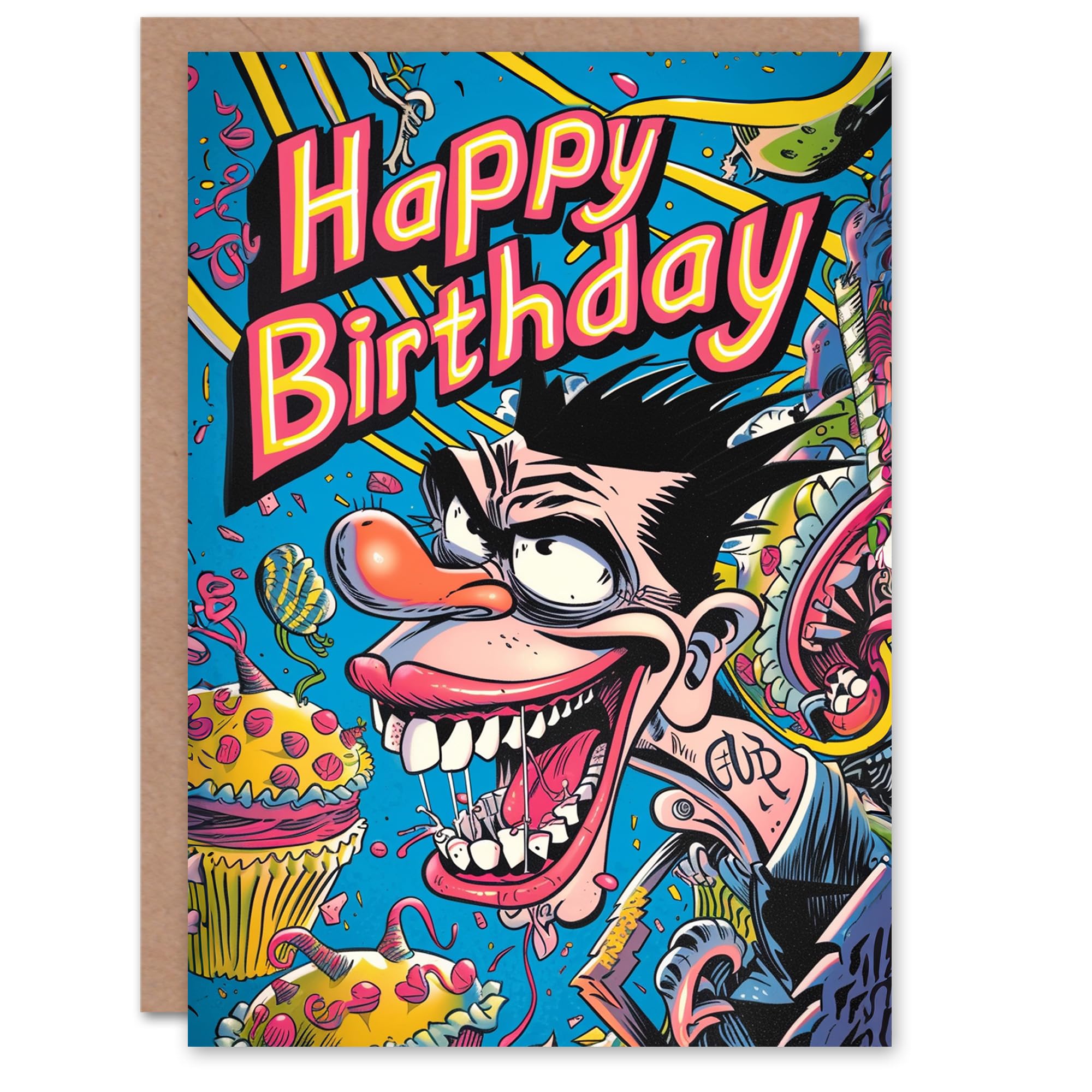 Artery8 Birthday Card Weird Cartoon Punk Cupcakes Comic Silly For Him Man Male Dad Brother Son Papa Grandad Greeting Card