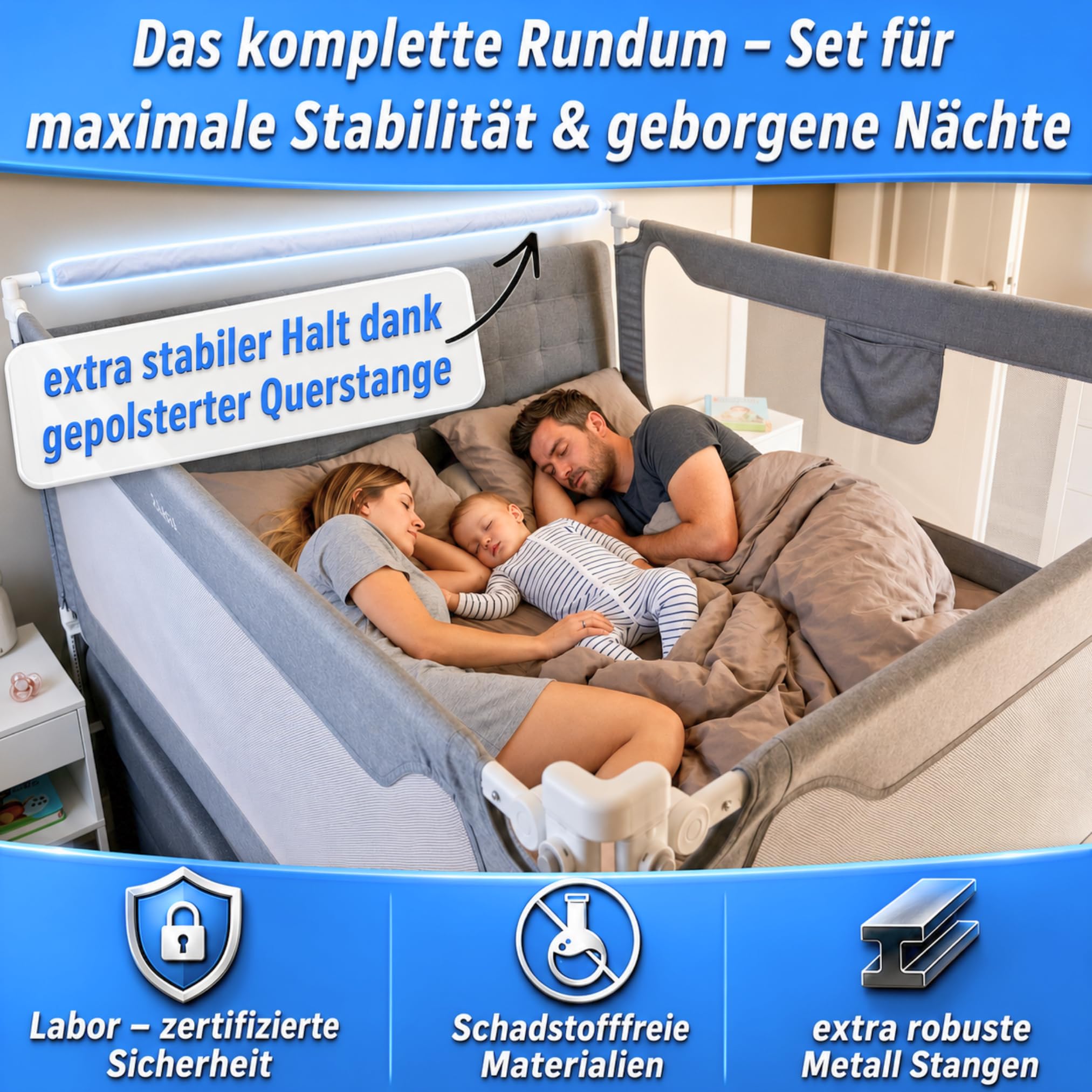 Rausfallschutz Boxspringbett Bettgitter Set 180x200cm 3er Set – zertifizierte Sicherheit für Kinder