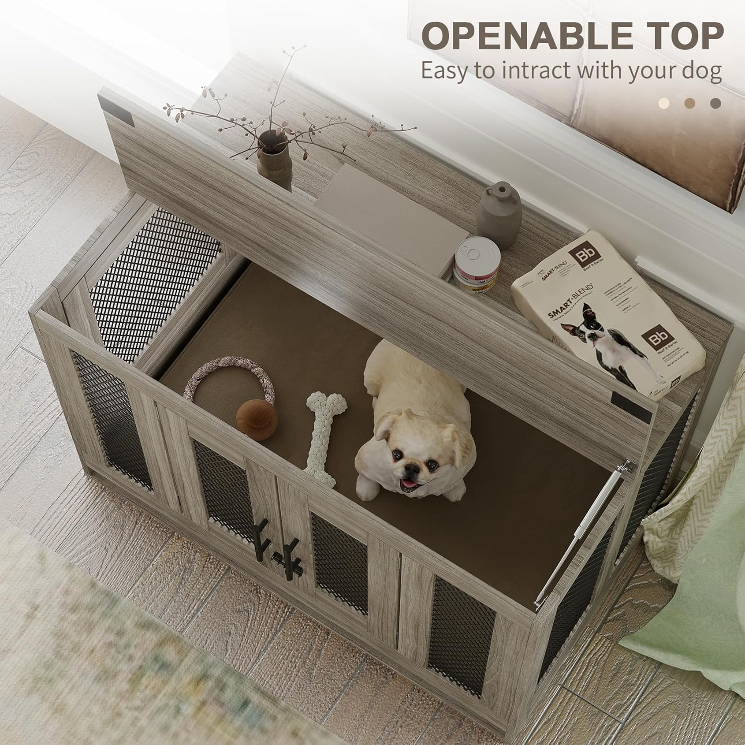 Furniture Style Dog Crate - Indoor Wooden Dog Kennel Furniture - Puppy Dog Cage with Flip-up Top and 2 Doors, 38.5” x 23.6” x 28”H, Grey