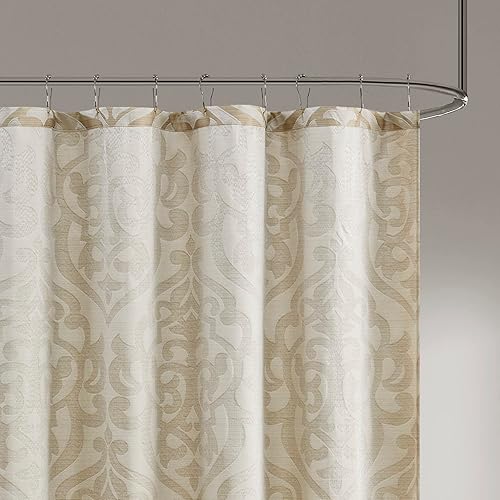 Miniatura 9 de Madison Park Odette Cortina de ducha de tela jacquard texturizado de lujo, medallón de damasco, lavable a máquina, moderna decoración de baño para