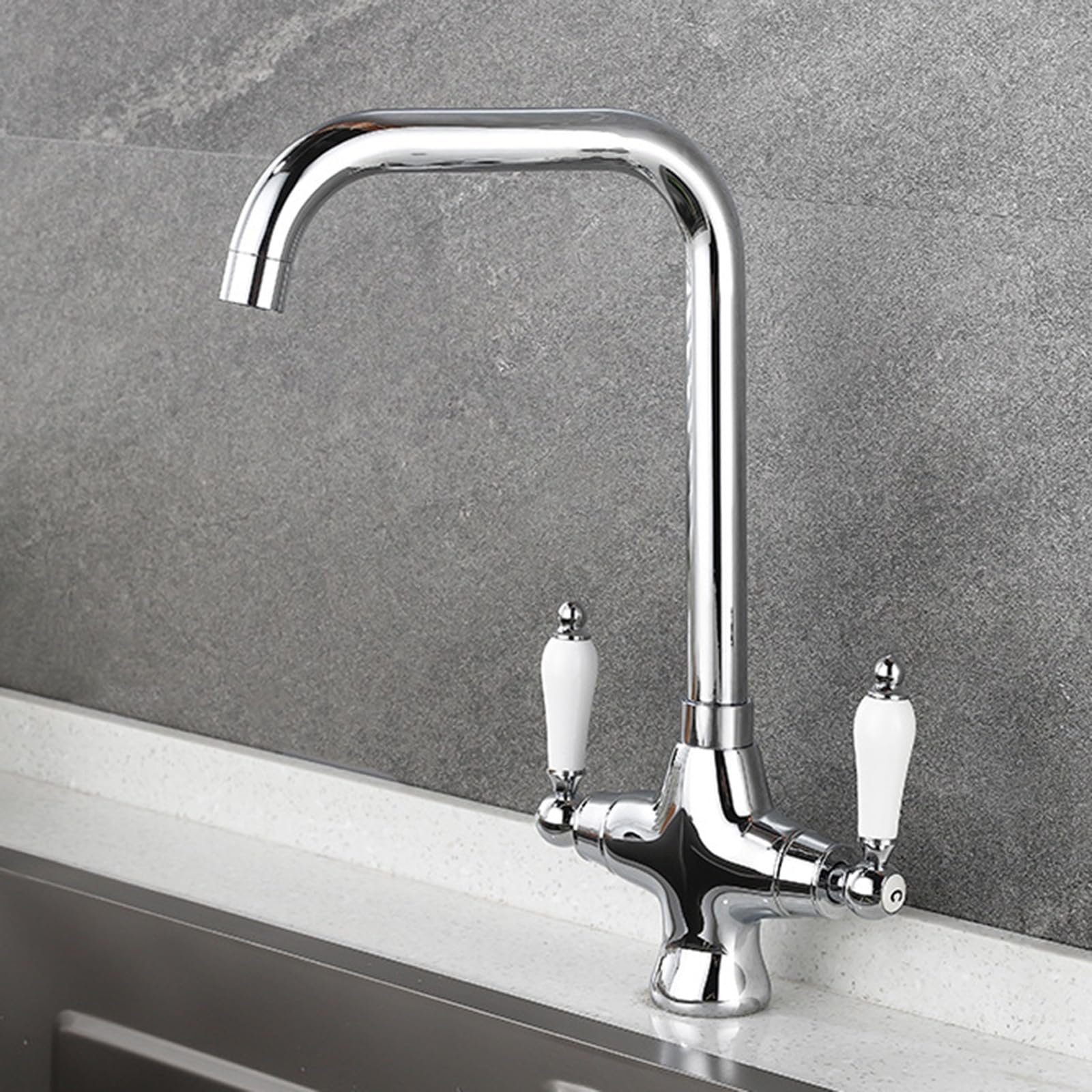 Grifo de Cocina Caño Alto con Dos Manijas de Cerámica Grifo Mezclador Cocina Giratorio 360° Latón Un Solo Orificio,Cromado