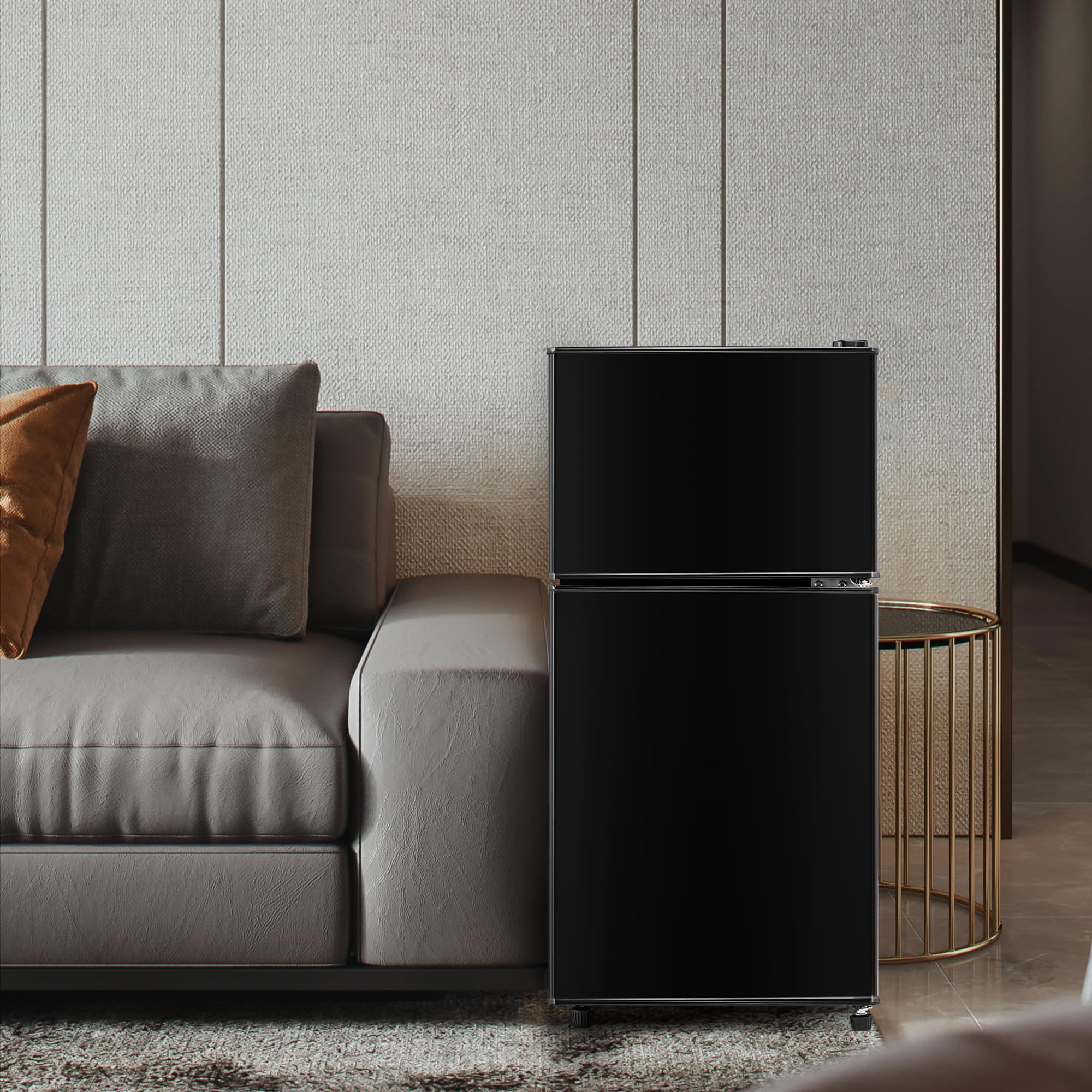 Kompaktowa lodówka z zamrażarką 60L, mała dwudrzwiowa wolnostojąca 86x45cm, chłodziarka 38L + zamrażarka 22L, klasa E 102 kWh/rok, -27°C do 13°C, 45 dB, LED, czarna elegancka