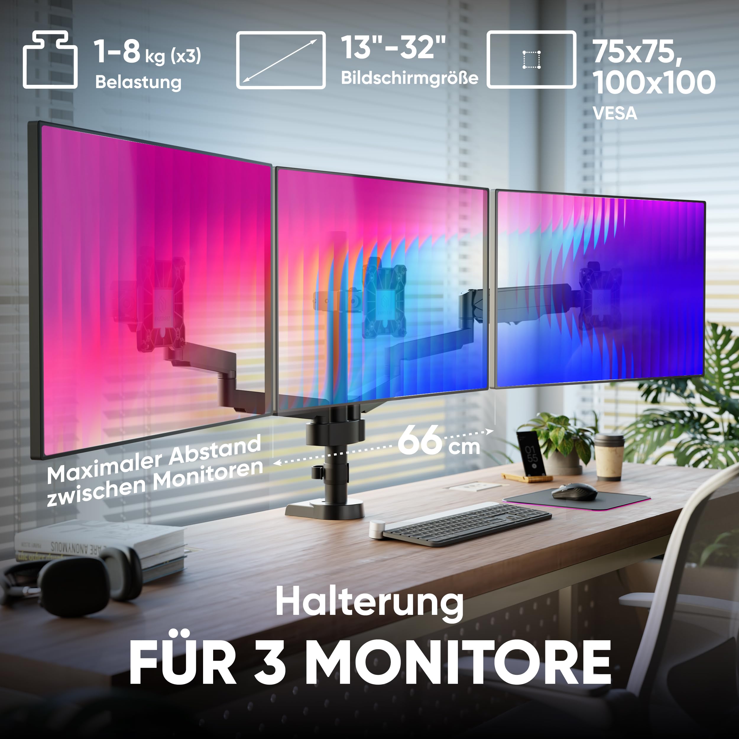 ONKRON Monitor Halterung 3 Monitore für 13-32 Zoll, bis 8 kg pro Arm, Monitorhalterung mit Gasdruckfeder, VESA 75x75-100x100, Triple Monitor Arm Stand drehbar, schwenkbar, neigbar Schwarz G280-B