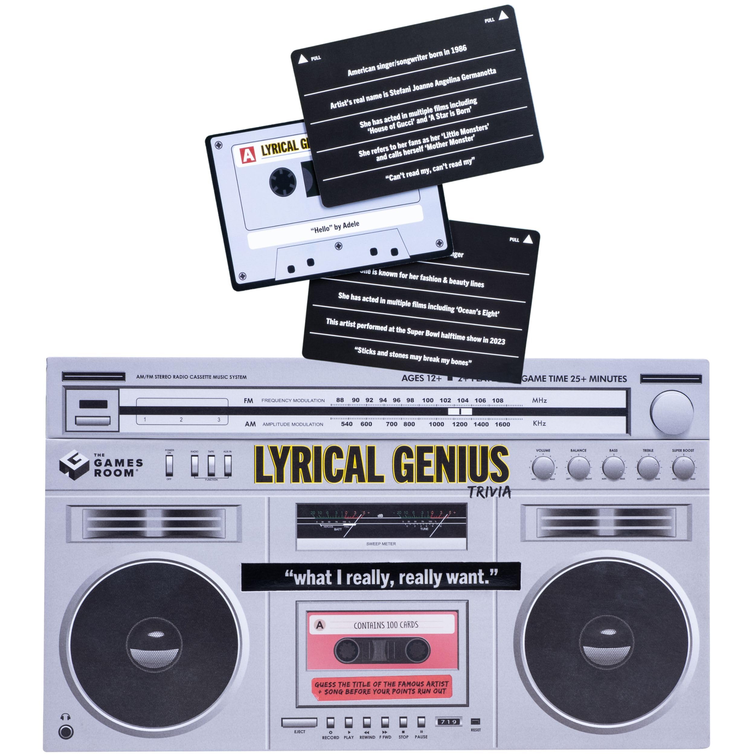 Fizz Creations Lyrical Genius. Musik-Trivia-Spiel. Nostalgisches Retro-Boombox-Design, Partyspiele, Familienspiel, 2+ Spieler, Spielzeit 25+ Minuten