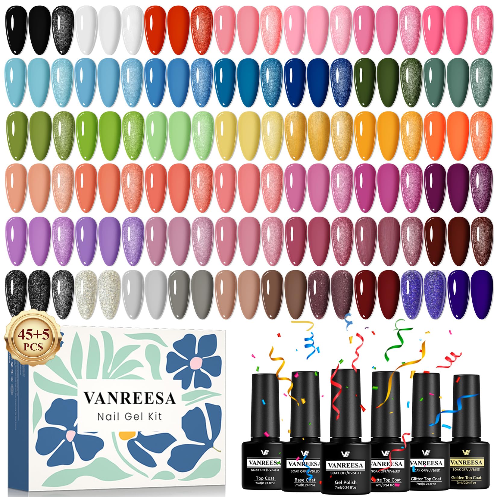VANREESA 50 Pièces Vernis Semi Permanent, 45 Couleurs Vernis Gel U V Semi Permanent avec Base Coat et 4 Top Coats Brillant Mat Pailleté, Vernis à Ongles Noir Blanc Rouge, pour Manucure DIY à Domicile