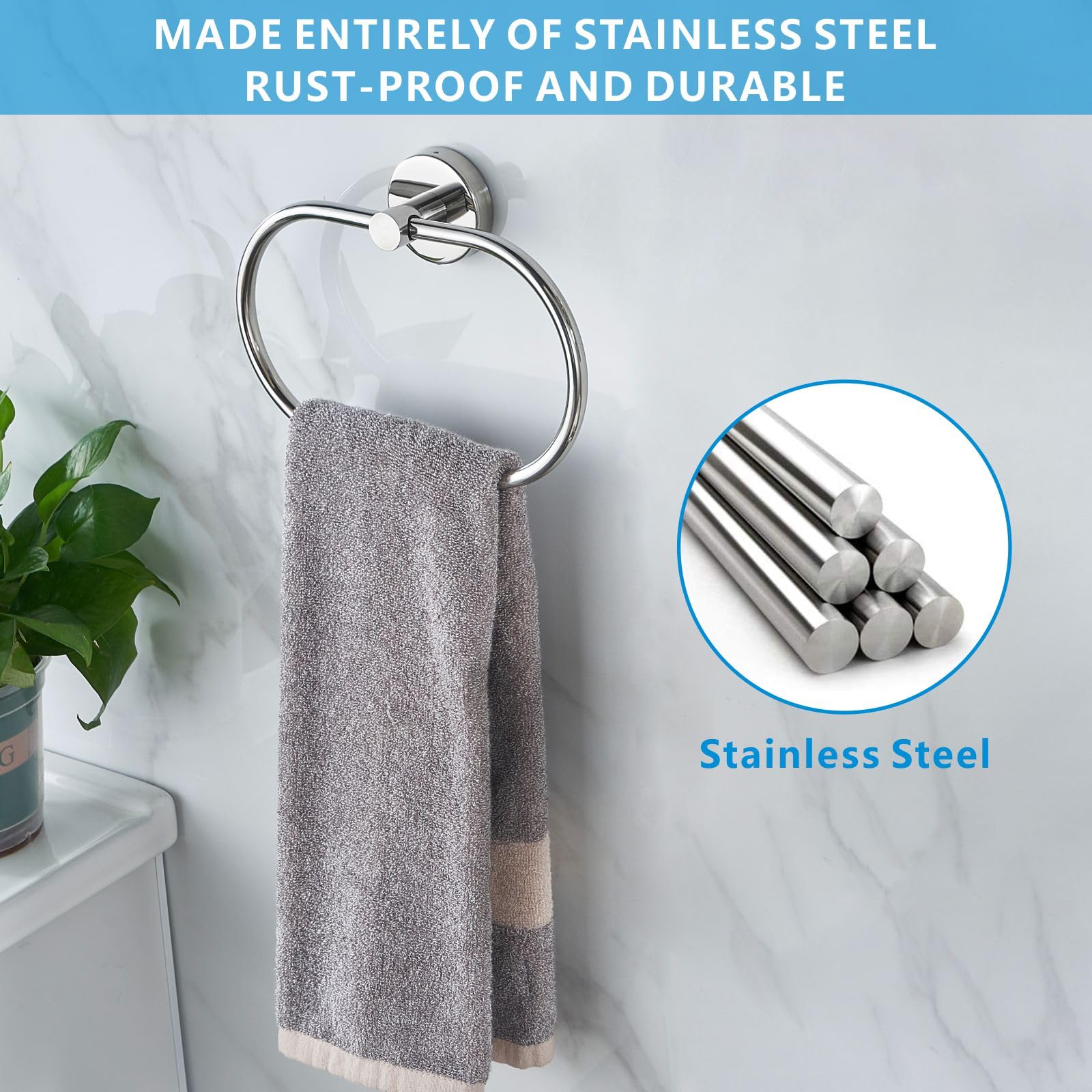 Ensemble 4 Pièces Accessoires Salle de Bain en Acier Inoxydable SUS304, Anneau Serviette, Porte