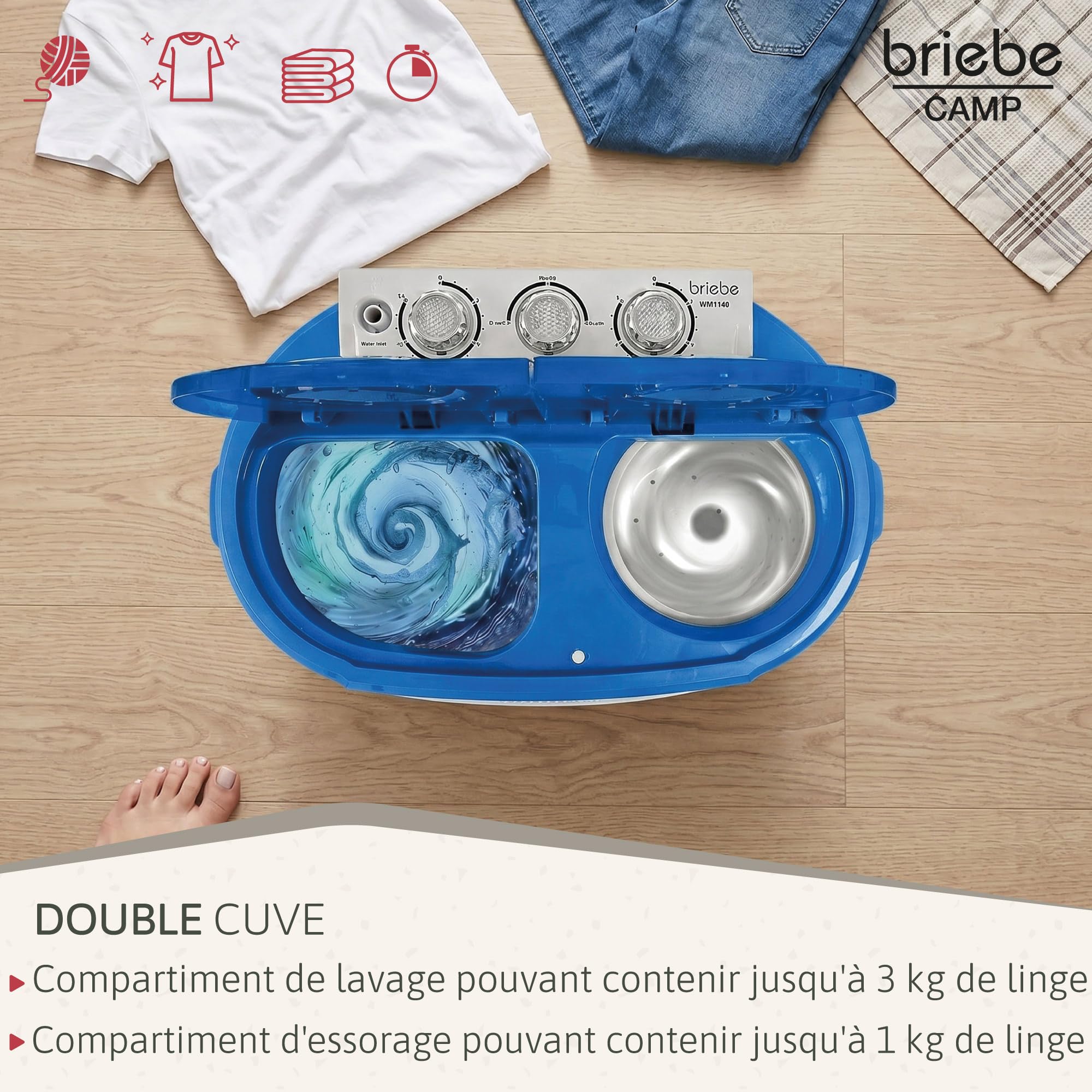 briebe Camp Mini Machine à Laver Portable 3 kg Essorage Camping Caravanes Bleu/Blanc