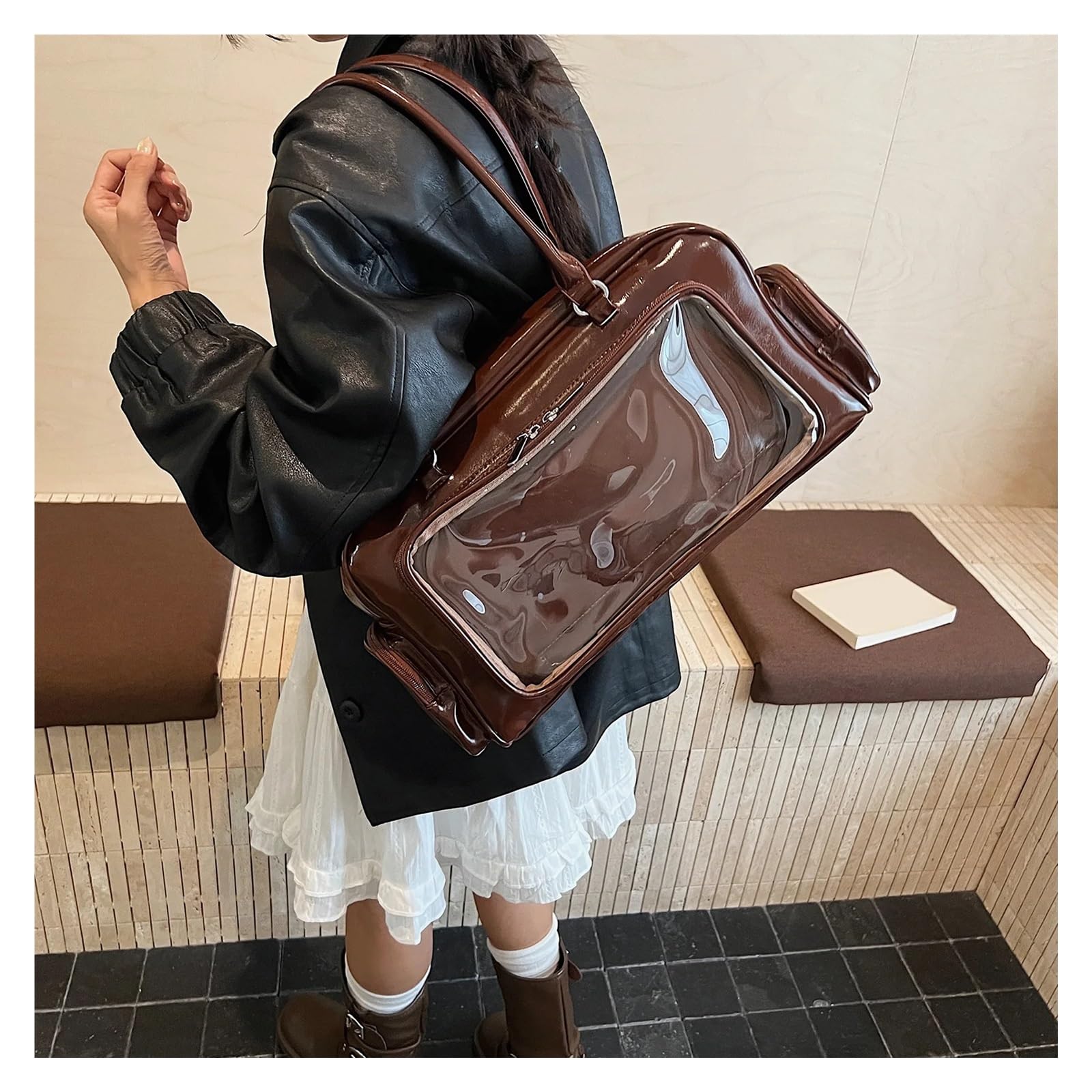Bolso bandolera Women PU Leather Bowling Bag Transparent Tote Handbag Lightweight Kawaii Shoulder