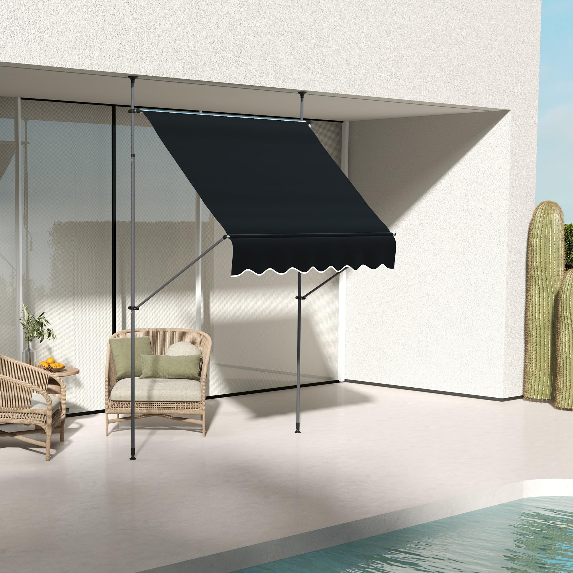 Toldo retráctil manual, 79 pulgadas, sin tornillos, para patio, con soporte de poste de soporte y tela resistente a los rayos UV para ventana, puerta, porche, cubierta, color negro 2