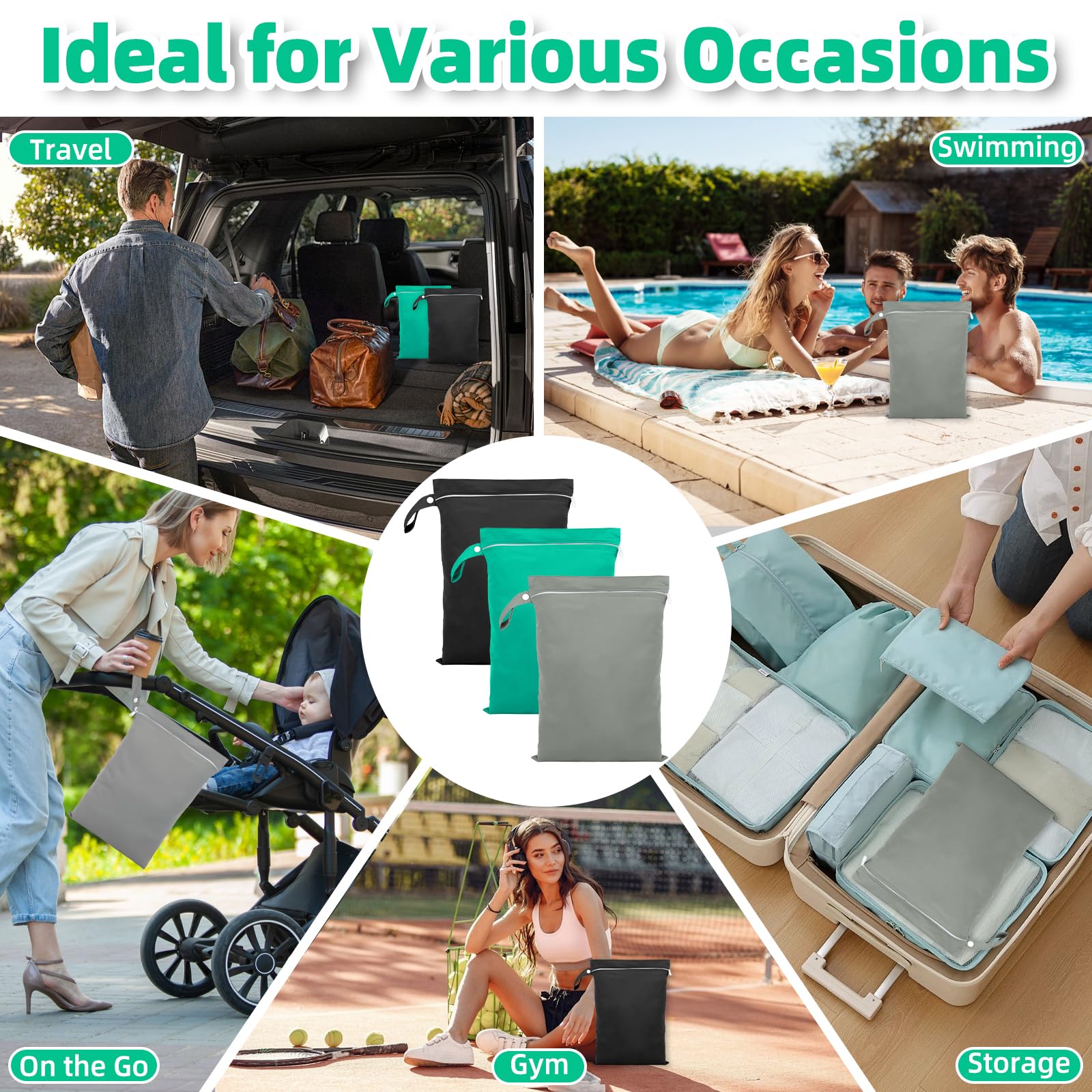 3 Pezzi Borsa Impermeabile, 40 x 30 cm Wet Bag per Costumi da Bagno Sacca Impermeabile con Cerniera, Borsa Viaggio Riutilizzabile per Costumi da Bagno, Asciugamani da Spiaggia(Grigio,Verde,Nero)