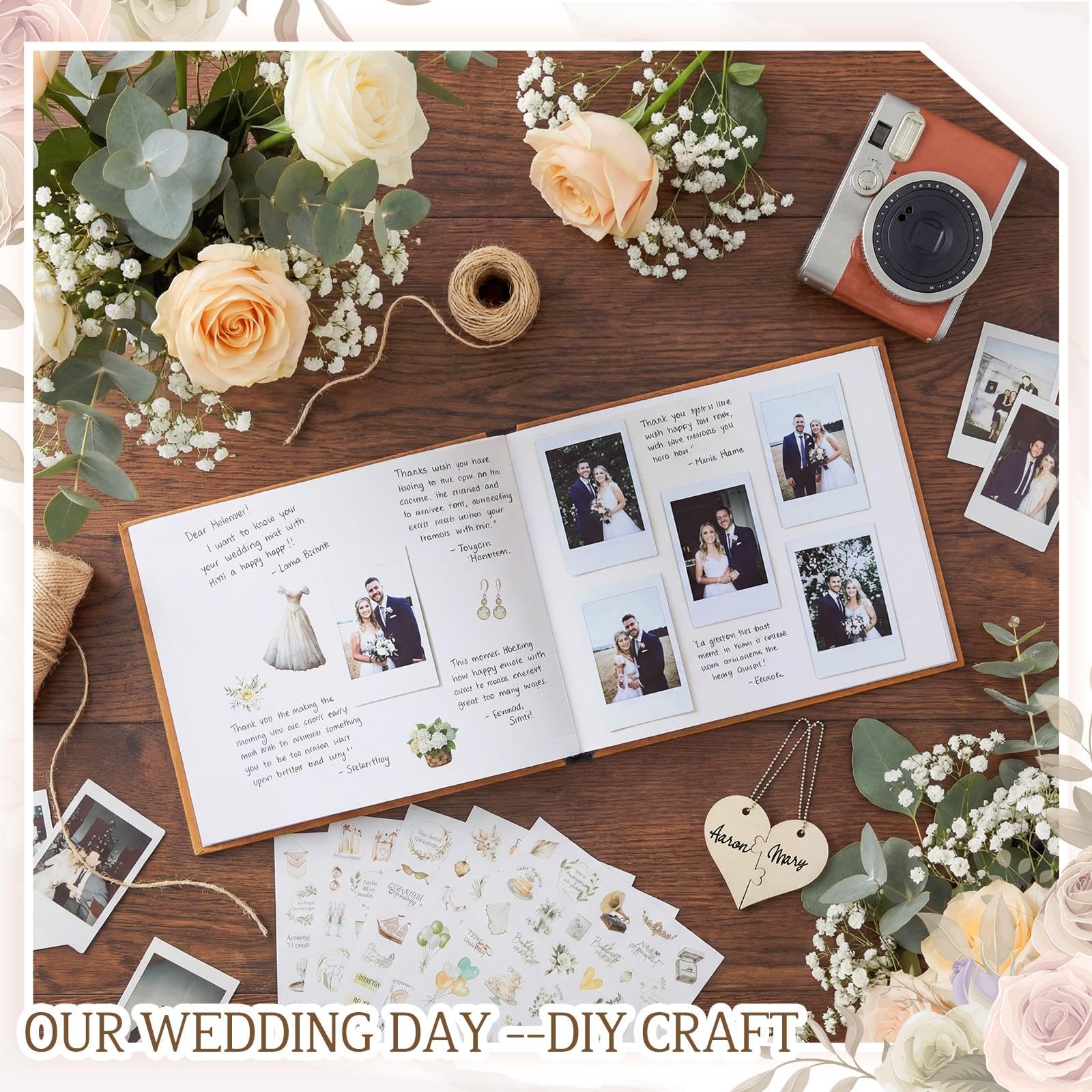 Resurhang Rustikales hölzernes Hochzeitsgästebuch Erinnerungsbuch für Hochzeit, Holzeinband, Foto-Scrapbook, rustikales Andenken, Gästebuch mit Aufklebern für Empfang, Jahrestag, Brautparty