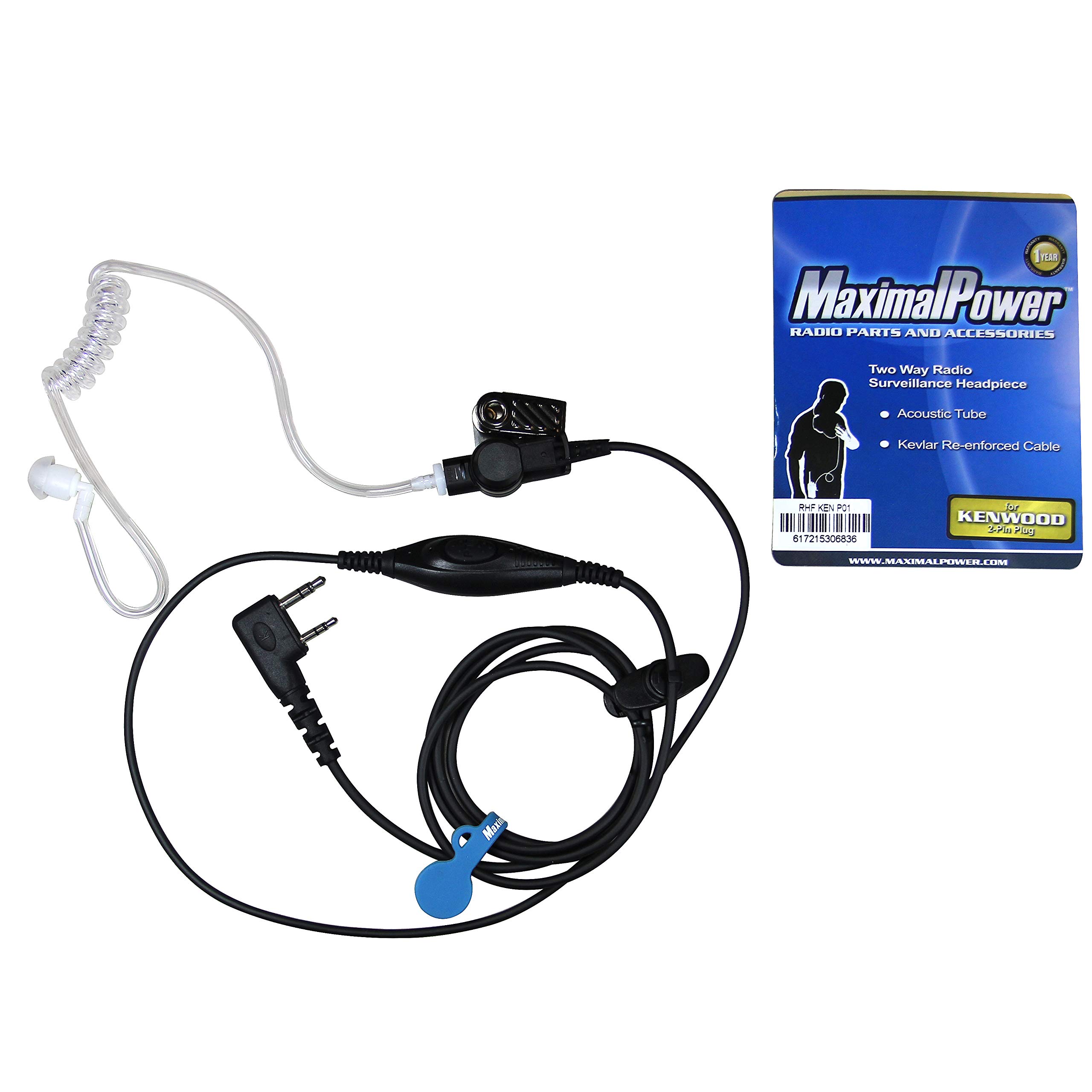MaximalPower Surveillance 1-Wire Headset Earpiece Waterproof PTT Mic K1 Kenwood 2-Pin Radio with Bonus Wire Clip