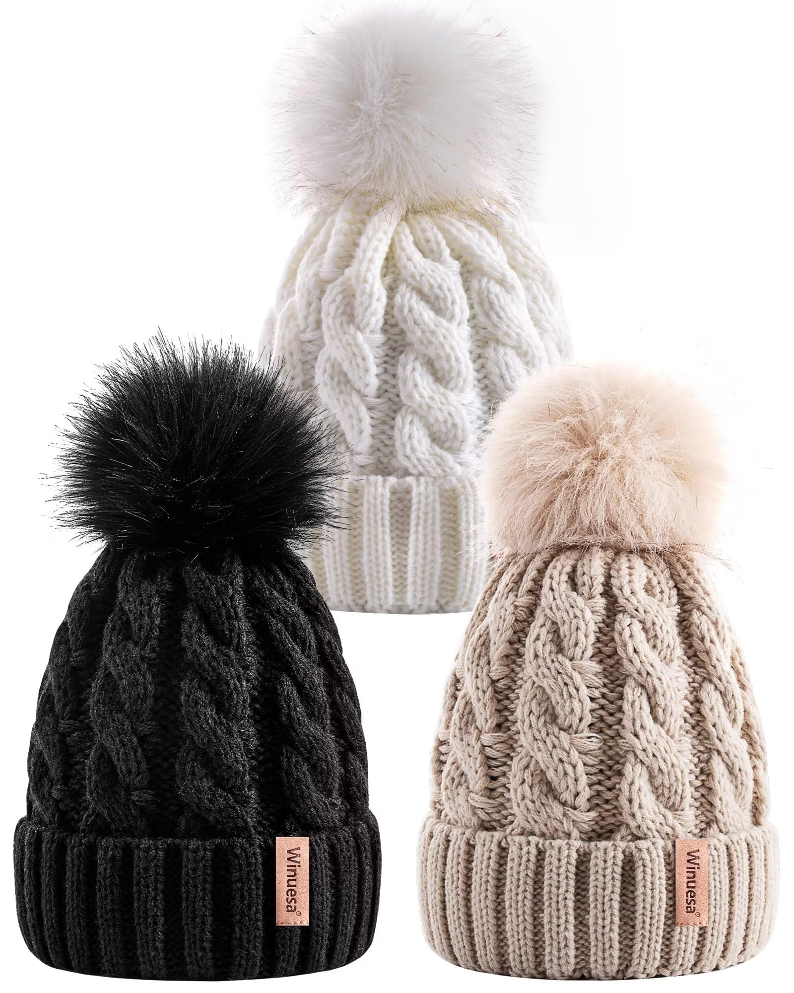 Winuesa3 PCS Womens Beanie with Pom Pom, Knit Beanie Hats for Women Winter and Fall, Fashionable Warm Winter Hats for Ladies