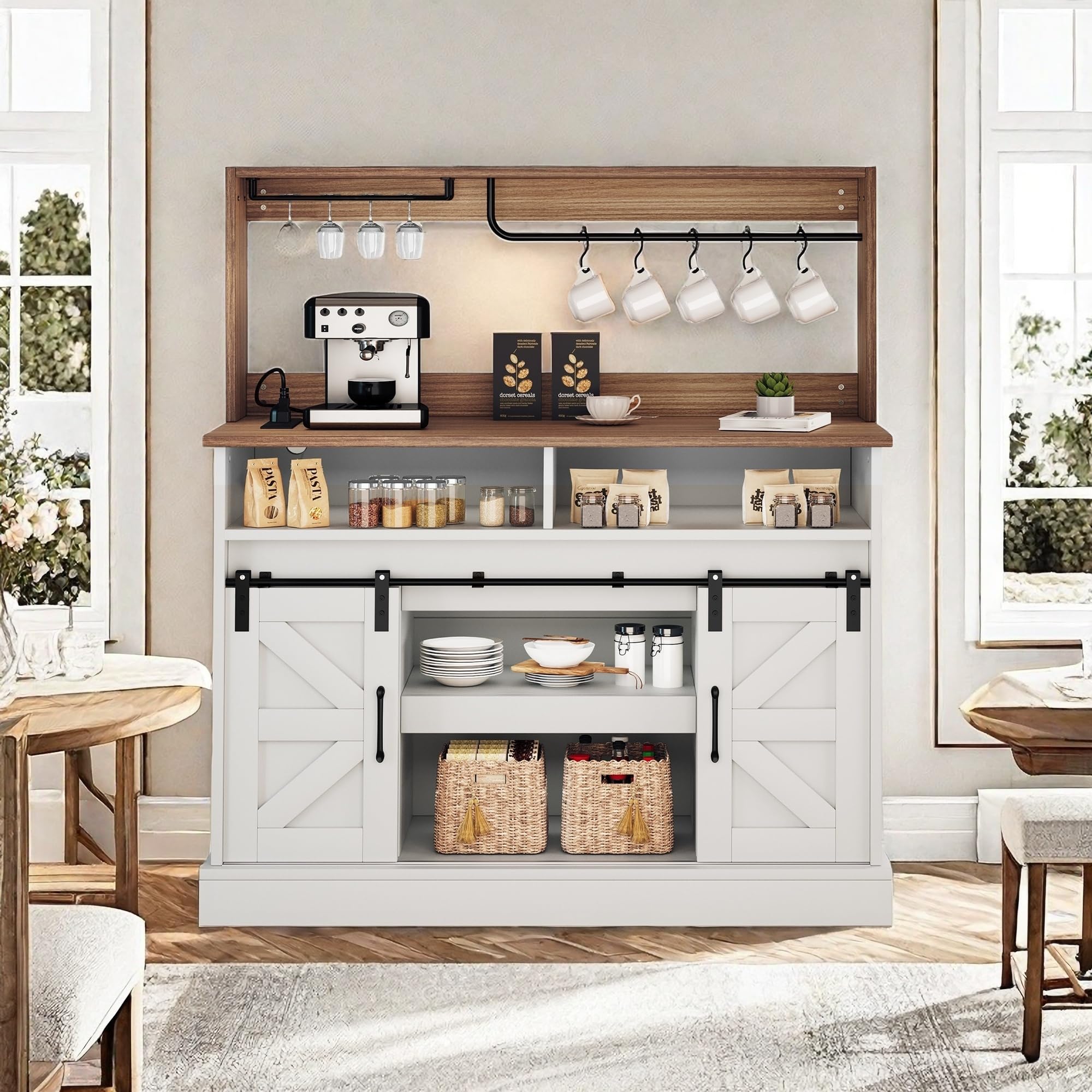 YITAHOME Farmhouse Buffet Cabinets with Built-in Power Outlet, Coffee Bar Cabinet with Goblet Holder, 47 Inch Sideboard Buffet Cabinets with Sliding Barn Door for Kitchen, Living Room (White)
