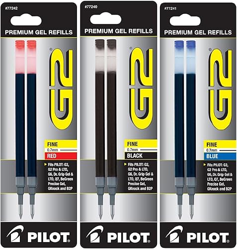 Pilot G2 - Recambio de tinta de gel, paquete de 2 para bolígrafos de punta rodante, fino, negro, rojo y azul