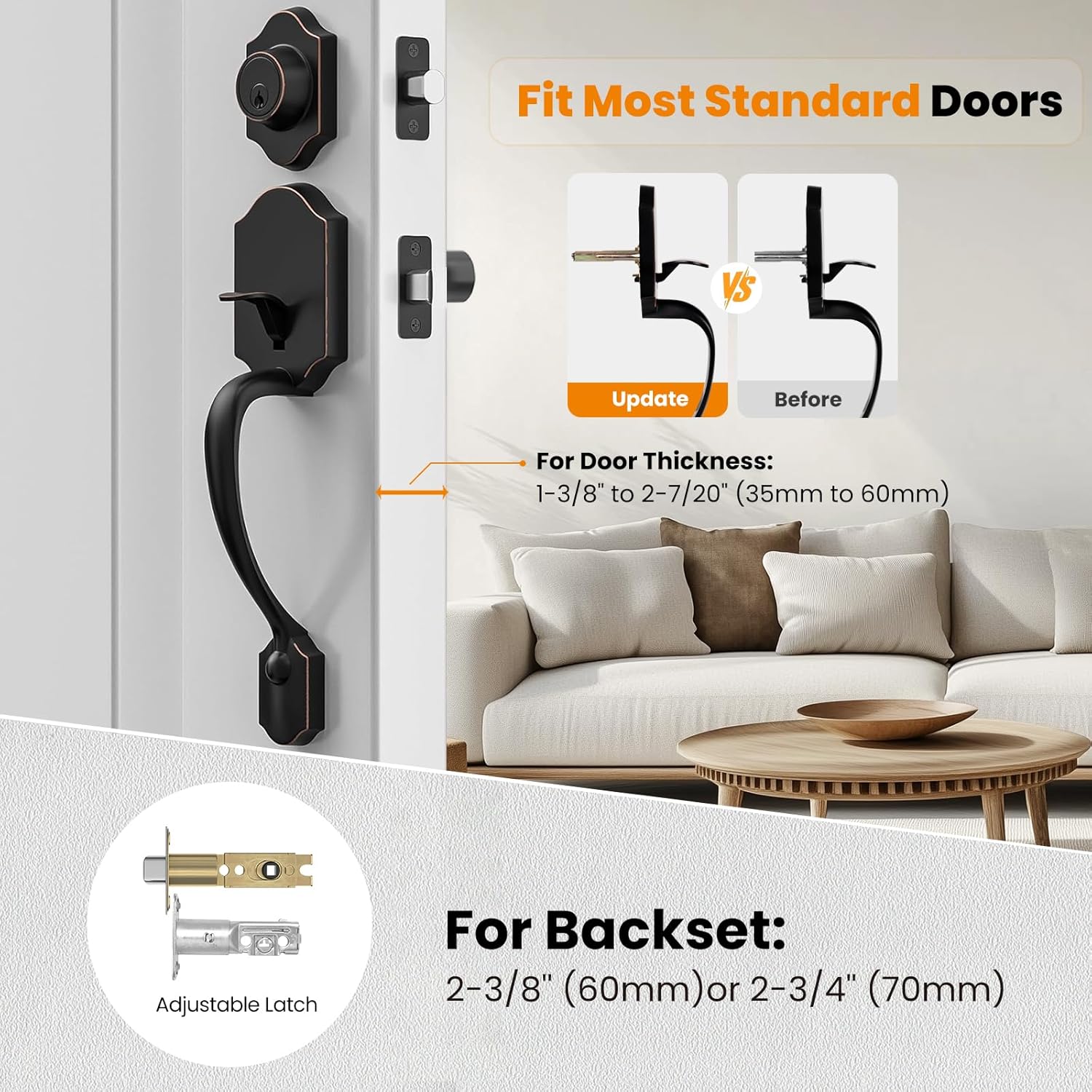 HOSOM Front Door Handle and Deadbolt Set, Front Door Lock Set with Reversible Handle Lever Entry Handleset Exterior with Single Cylinder Deadbolt, Reversible for Right and Left, Oil Rubbed Bronze