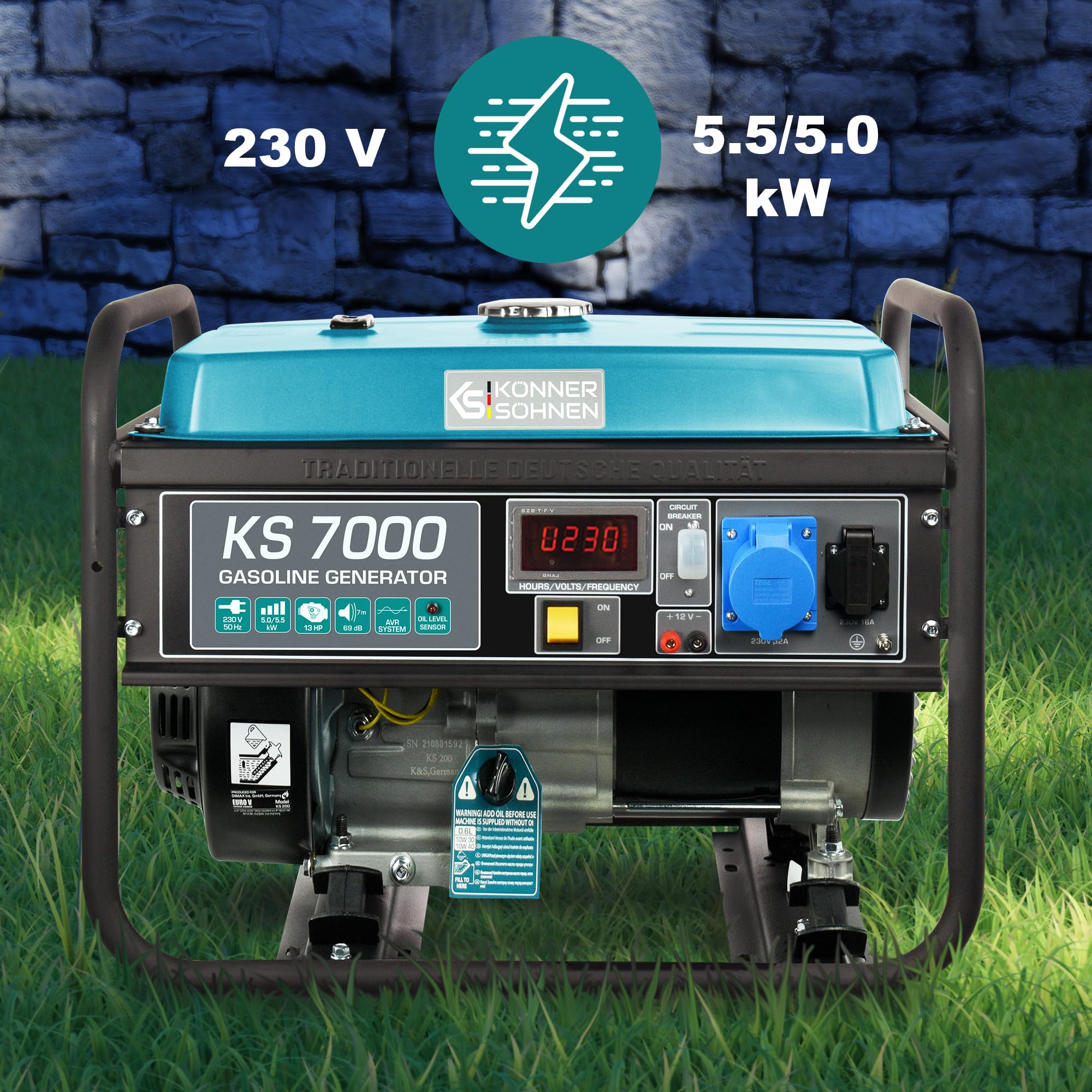 Groupe électrogène à essence KS 7000 puissance maximale 5500 W, 1x16A, 1x32A Schuko (230 V), moteur EURO-V, régulateur de tension automatique (AVR), affichage LED, enroulement 100% cuivre.