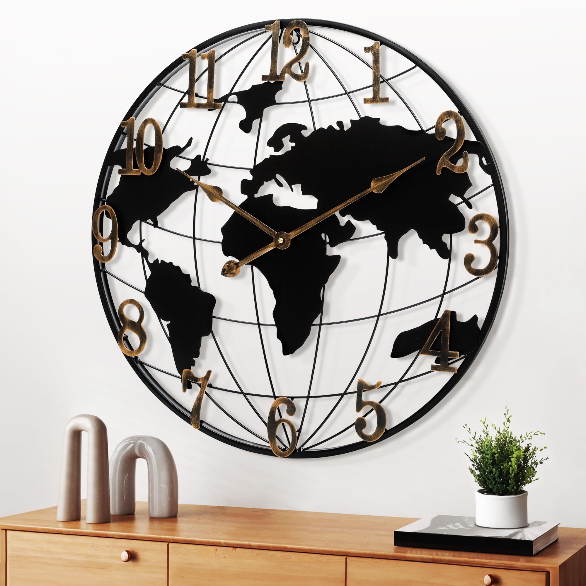 Maxstar Large World Map Wall Clock, Metal Minimalist Modern,Round Silent Non-Ticking Battery Operated Wall Clocks for Living Room/Home/Kitchen/Bedroom