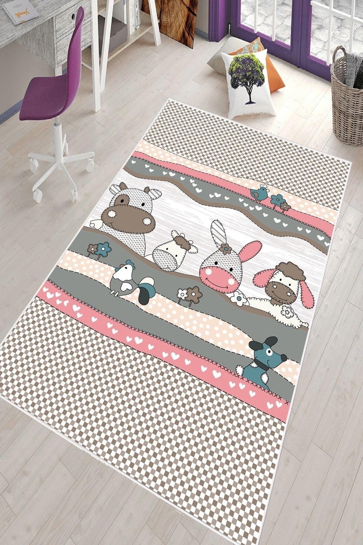 Pelangi Pembe Sevimli Hayvanlar Desenli Yıkanabilir Kaymaz Taban Leke Tutmazbebek Ve Çocuk Odası Halısı, Pembe-Kahve 80 x 400