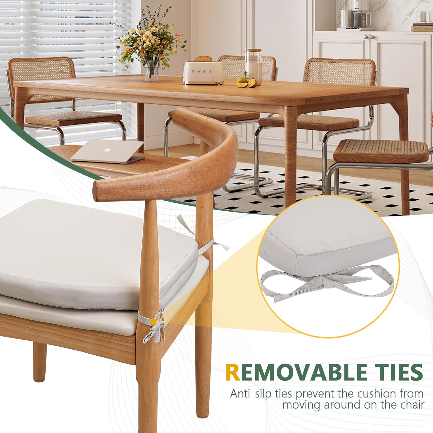 chair cushions for dining chairs - thickened 2" kitchen chair pads with ties and removable cover, d-shaped memory foam seat cushions 17'' x 16'', set of 2, beige beige 17" x 16" d shape