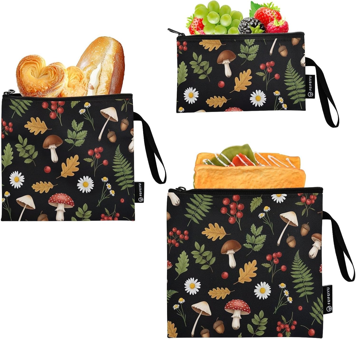 Woodland Mushrooms Reusable Snack Bag and Sandwich Bags, Zipper Eco-Friendly Lunch Pouch Washable for School Travel Work Office (3 Pack) image 2