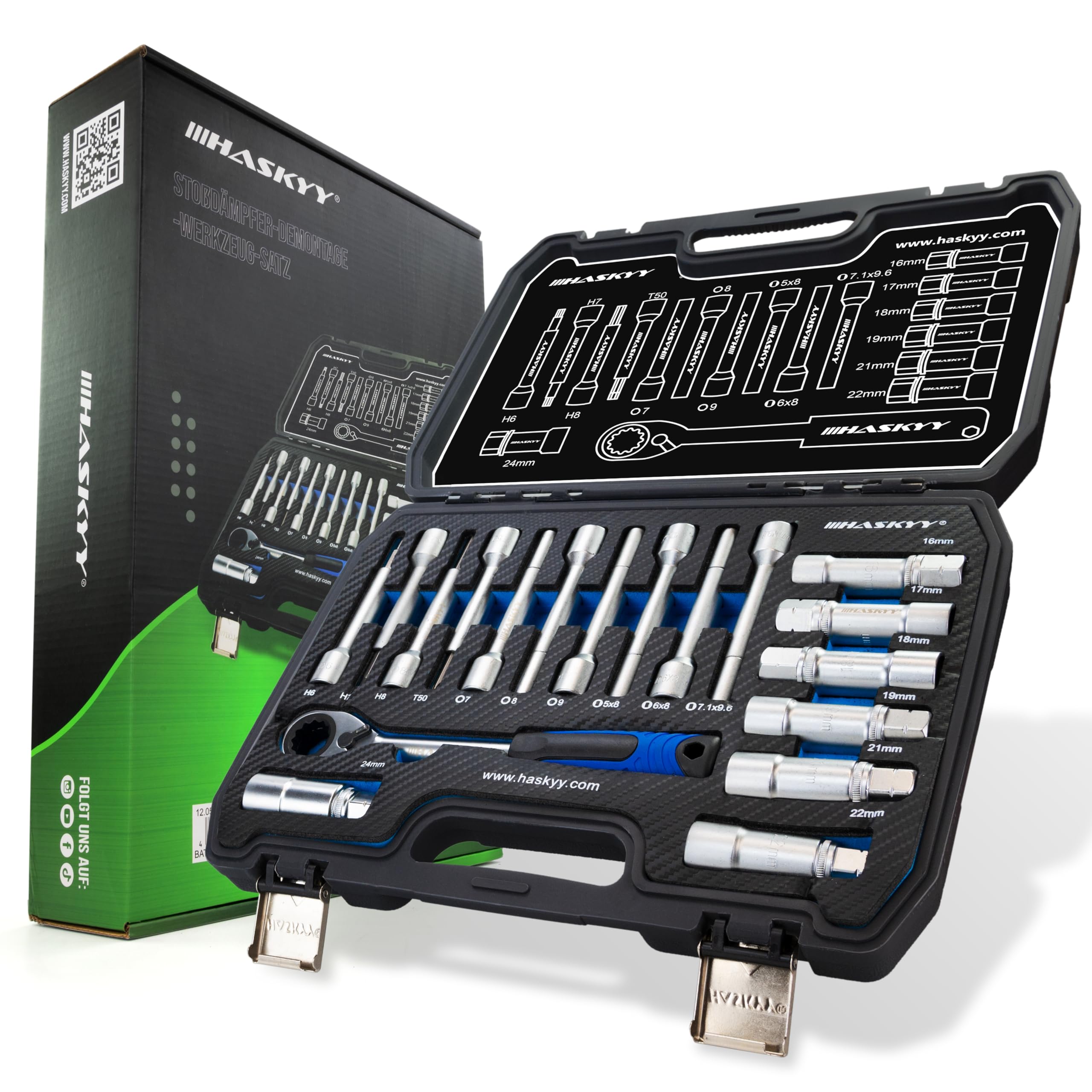 HASKYY Stoßdämpfer Demontage Werkzeug Satz 18 tlg. Ratsche Spezial Werkzeug KFZ Fahrwerksinstandsetzungs-Set Domlager Auto-Reparaturen Stoßdämpfer Satz