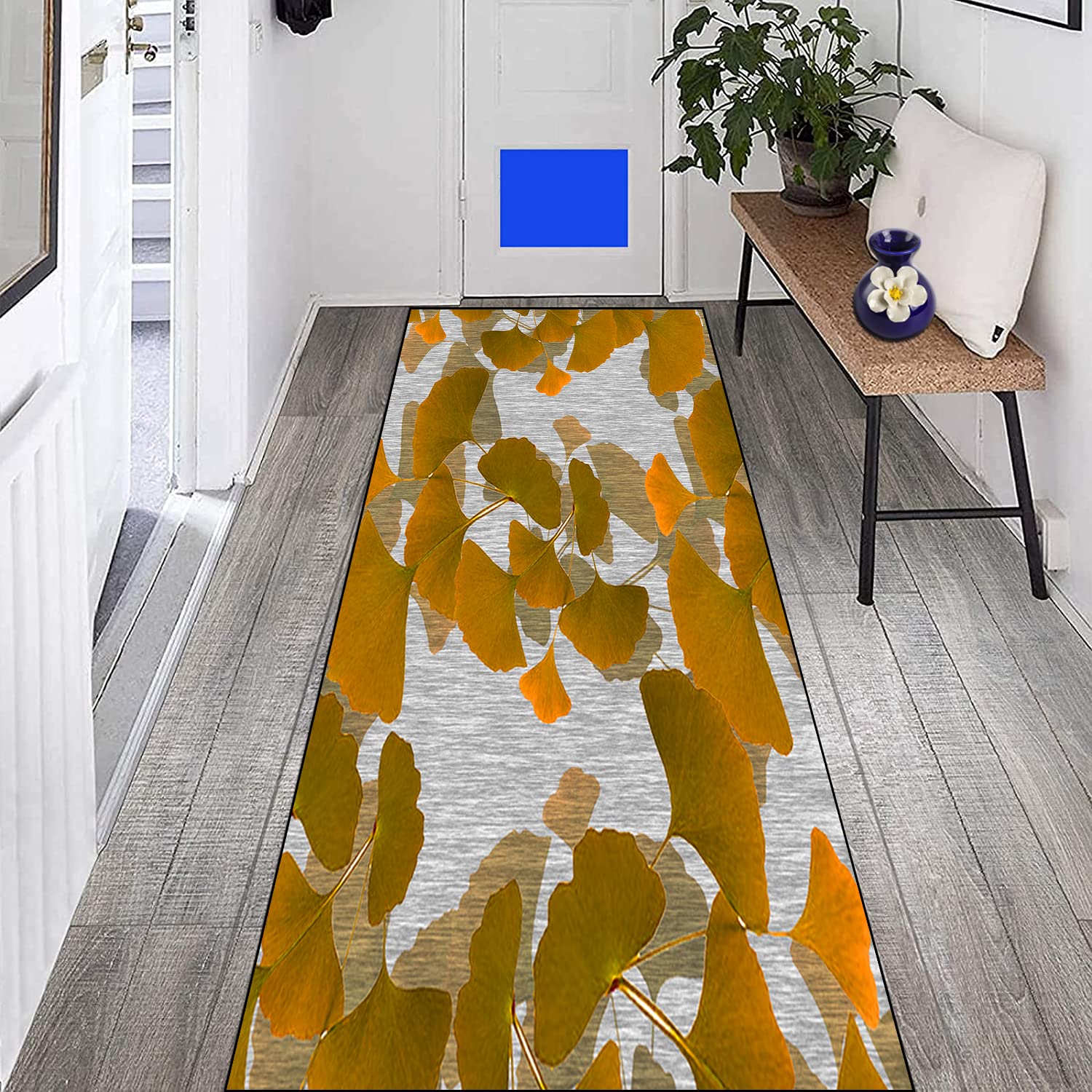 LIHY Teppich Läufer für Flur Küche rutschfest 60×100cm Nordisches grau-gelbes Blattmuster Teppichläufer Flurteppich Waschbar für Schlafzimmer Wohnzimmer, Breite 60cm/ 80cm/ 100cm/ 120cm