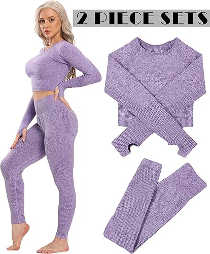 Miniatura 3 de YOFIT - Conjunto deportivo de 2 piezas leggings de yoga de cintura alta sin costuras y crop top con manga larga para mujer, juego de ropa para