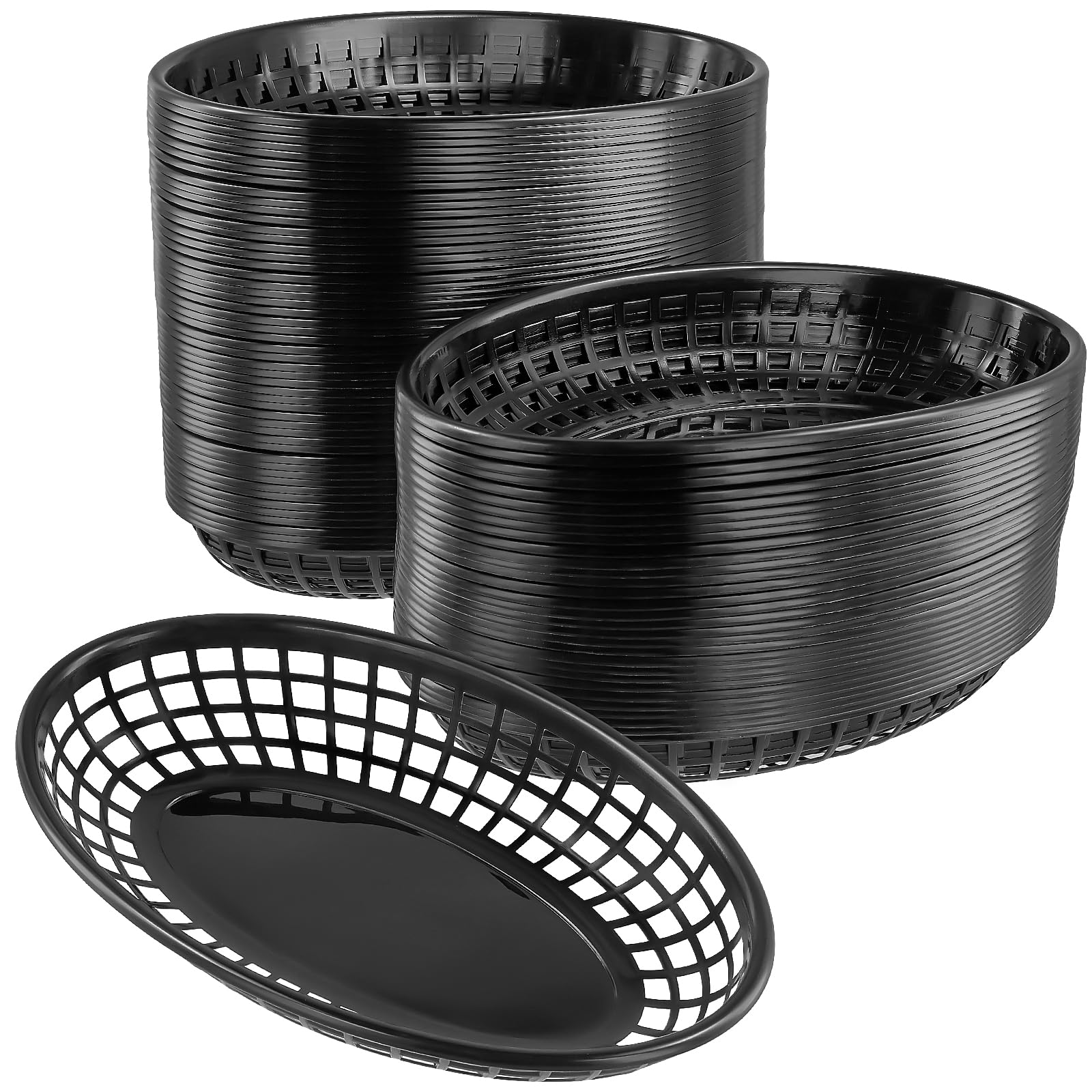 Soujap Black 80 Pcs Fast Food Baskets, 23Cm Plastic Oval Burger Basket For Fries Chip, Sandwiches, Picnics Party