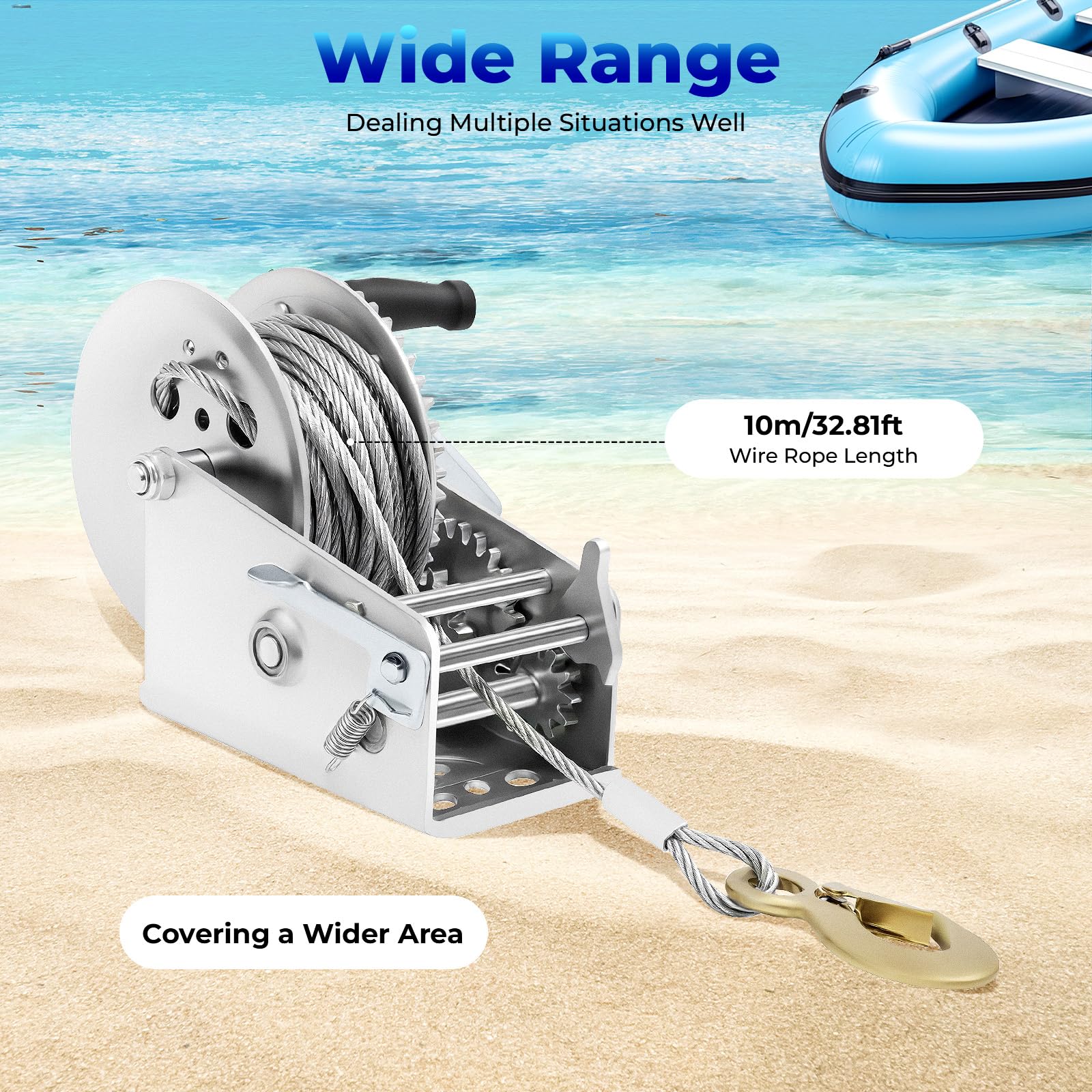Cabrestante manual, acero templado,Trinquete de retorno, alta fuerza de tracción 3500lbs,Relación de transmisión 4 a 1 8 a 1,mango ergonómico,Uso de remolque barco offroad,Cuerda 10m 19x10x18cm
