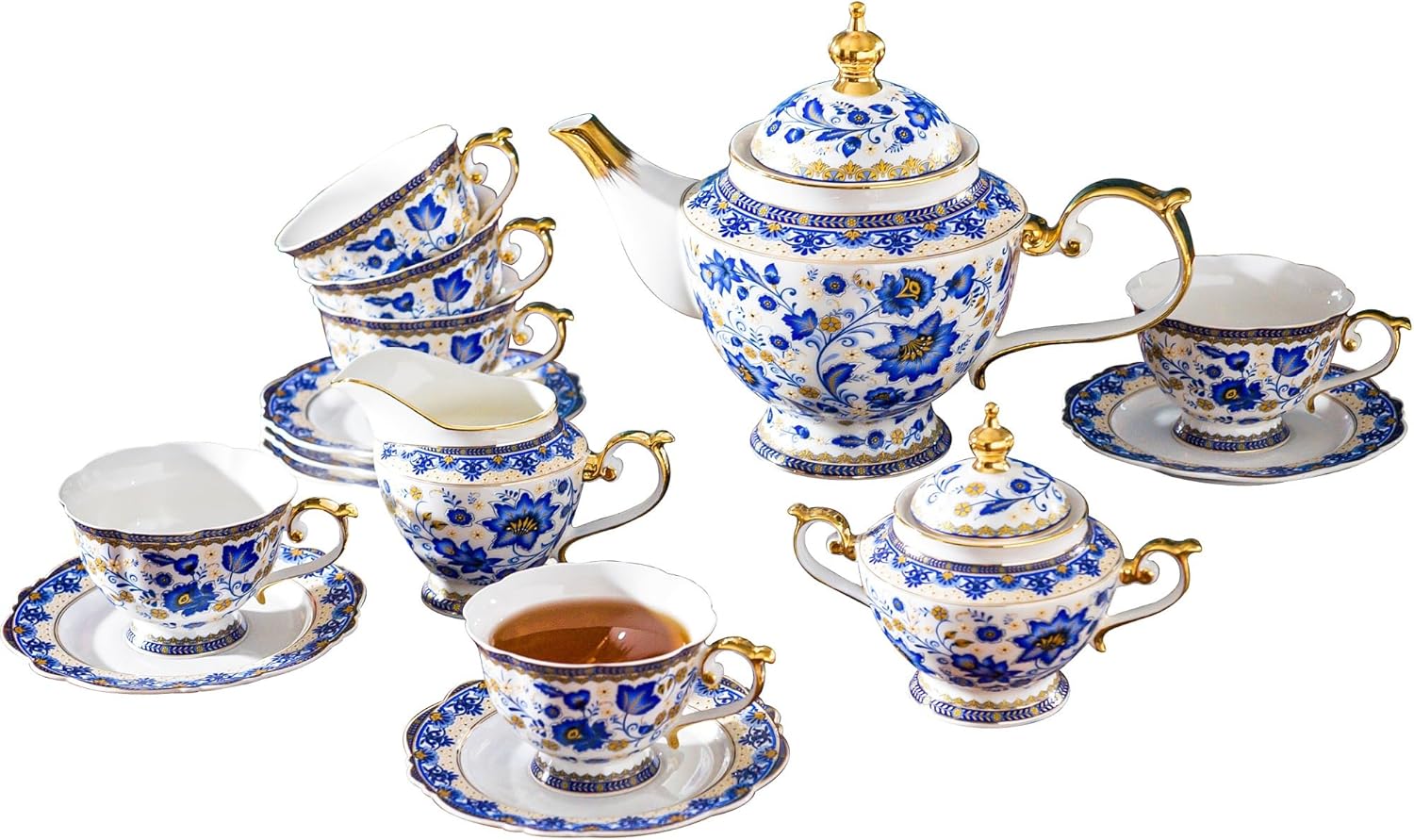 ACMLIFE Bone China Tea Set for 6 Adults, 21 Piece Blue and