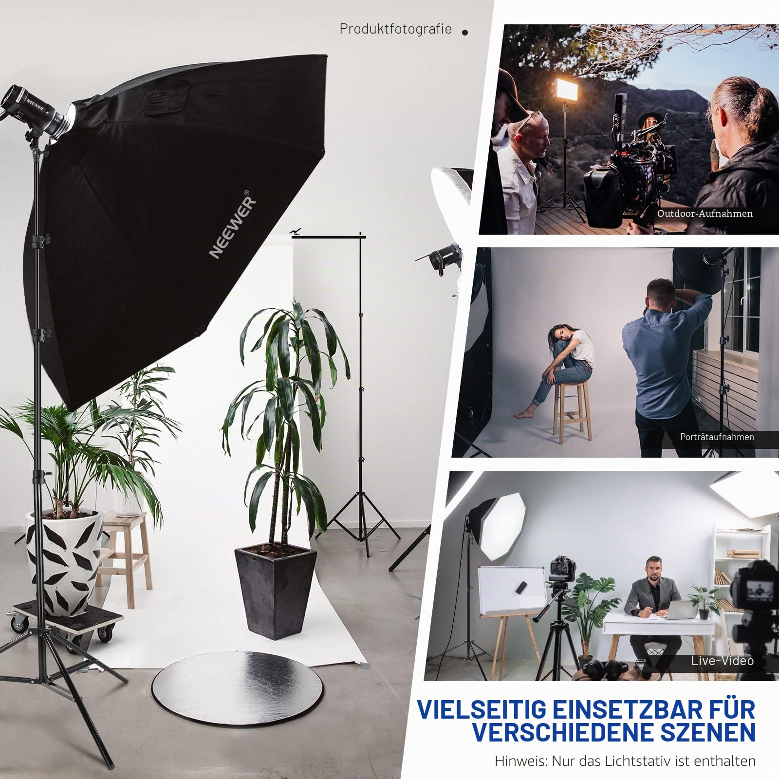 NEEWER 3m Lichtstativ, Luftgepolstertes Heavy Duty Metallstativ für Ringlicht Fotografie Lampen mit 1/4" zu 3/8" Schraubadapter und 3 Wege Schnittstellen, Tragfähigkeit: 2,5kg, ST-300AC