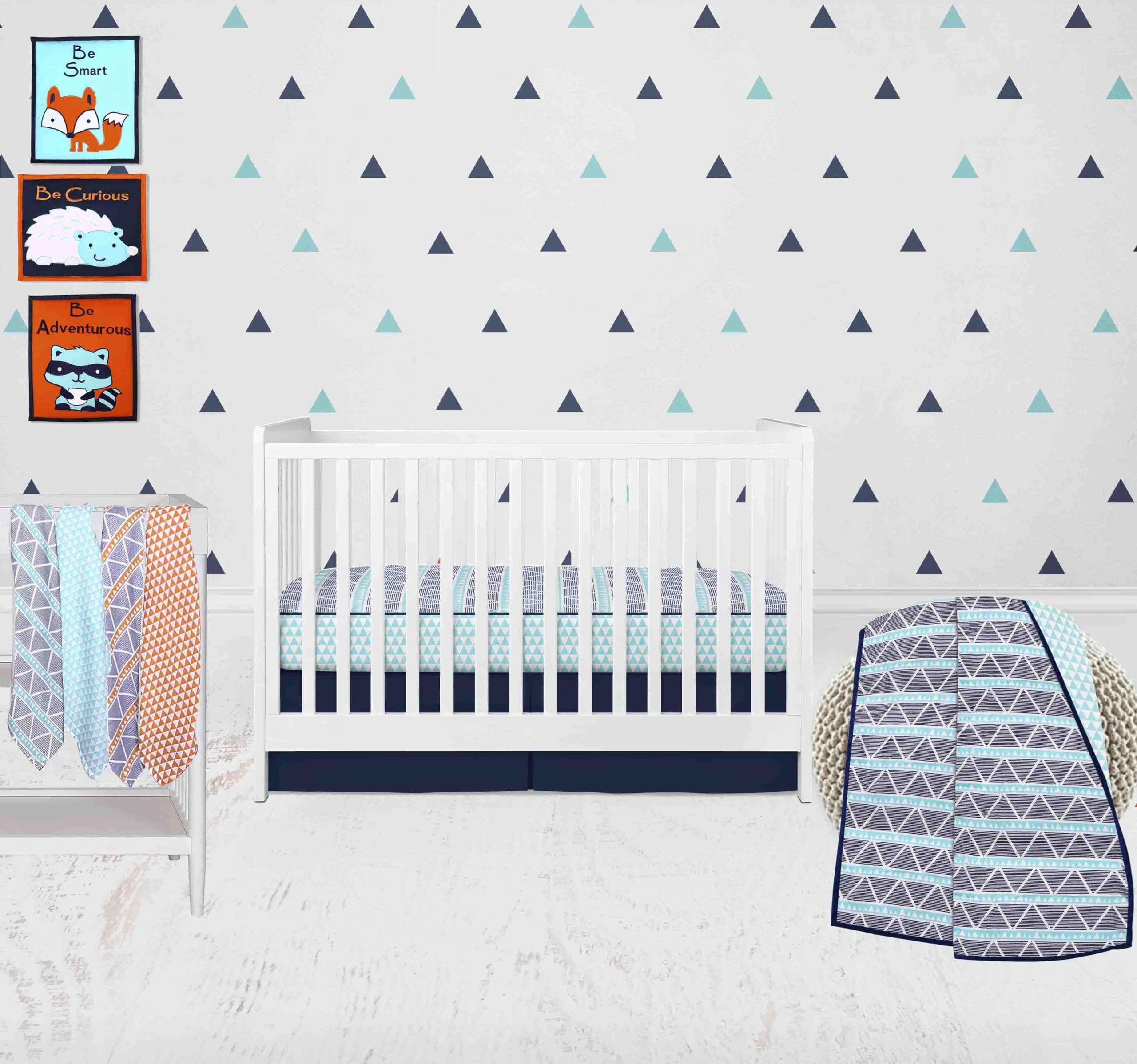 Bacati - 100 Percent Breathable Cotton Muslin/Percale 10 Piece Nursery Baby Crib Bedding Set for Boys/Girls Including 4 Swaddling Blankets US Standard Crib (Aztec Aqua/Orange/Navy)