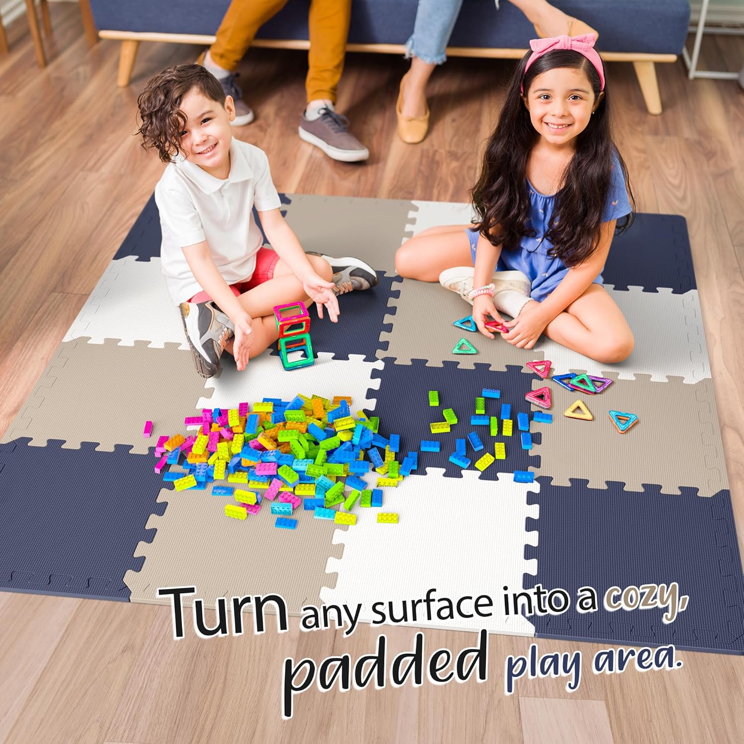 16 Tiles with Borders | 12" x 12" Baby Play Mat Foam Puzzle Floor Tiles | Non-Toxic Soft Waterproof Interlocking EVA Playmat for Nursery Playroom Playpen Toddler Tummy Mat