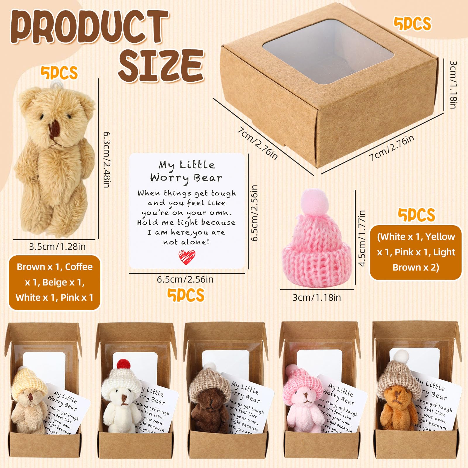 FAMCUCHE 5 Pcs My Little Worry Bear in a Box, Plush Pocket Bear with Inspirational Card and Hats - Image 2