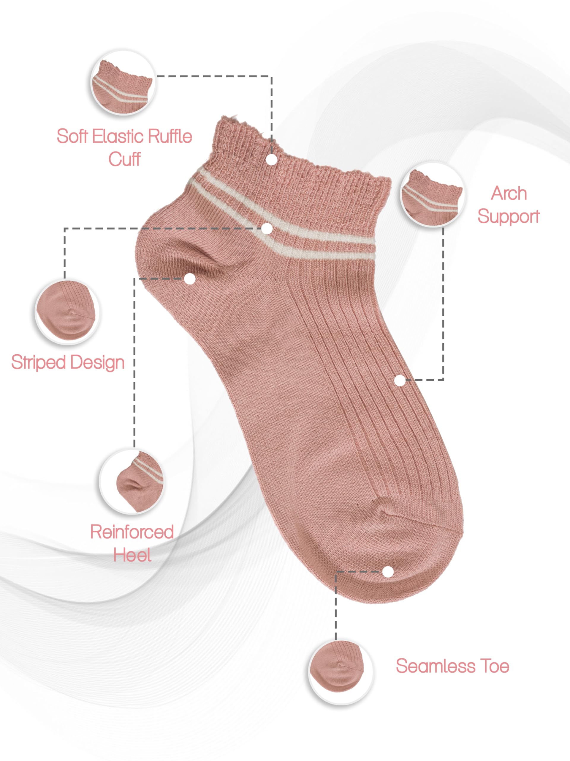 Yellow Bee Cotton Striped Ruffle Cuff Ankle-Length Socks for Girls - 4 Pairs, Peach, Beige, Black and Cream, 10-12 Years - Image 2 thumbnail